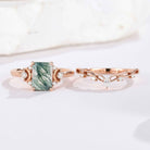 Nature Inspired Emerald Cut Moss Agate Engagement Ring Set With Moon Shaped