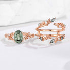 Green Sapphire Engagement Ring Moss Agate Enhancer Leaf Branch Double Wedding Band