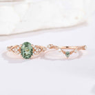 Unique Oval Cut Green Sapphire Engagement Ring Set Leafy Wedding Band