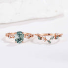Nature Inspired Moss Agate Engagement Ring Set Vine Wedding Band 2pcs