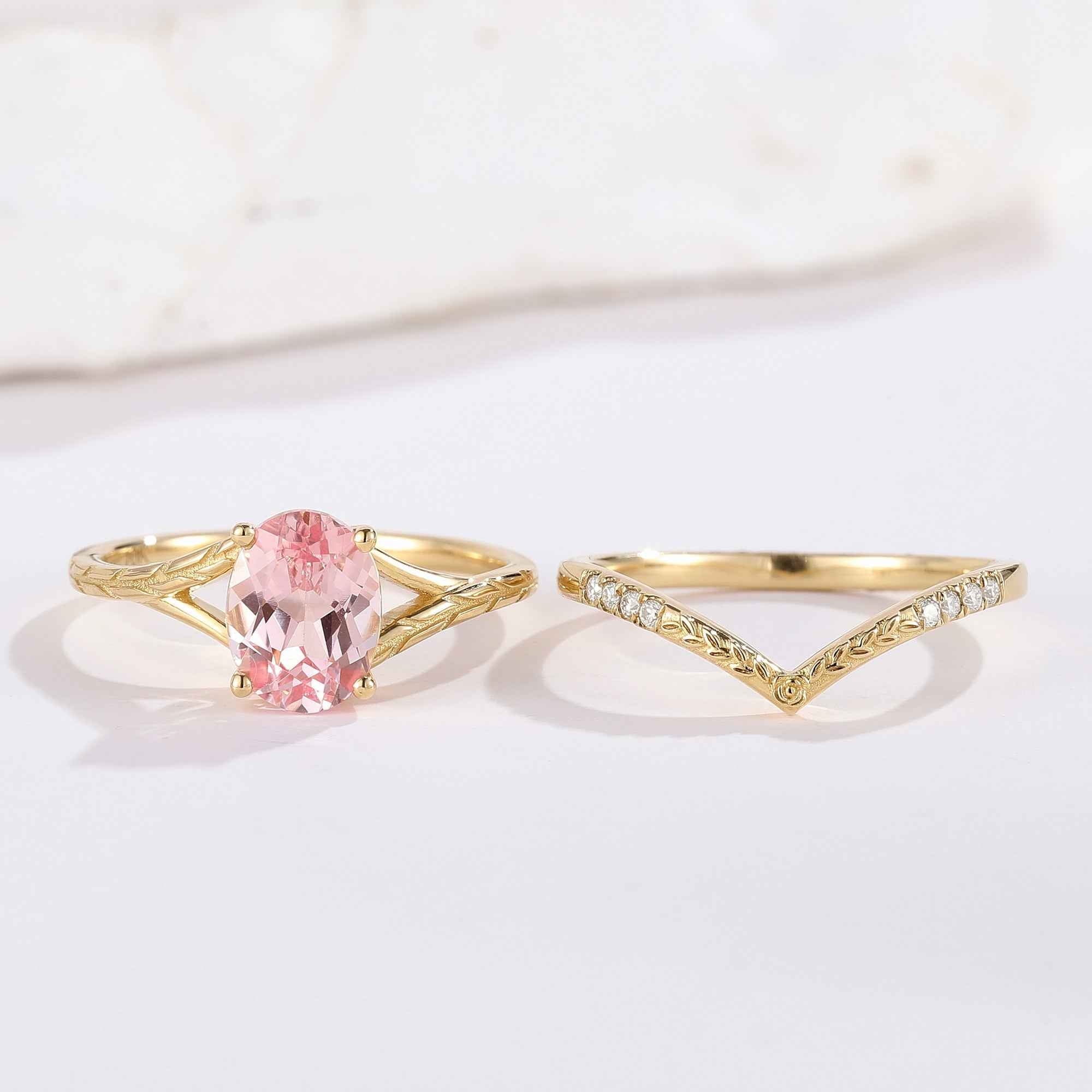 Oval Cut Pink Sapphire Engagement Ring Chevron Wedding Band 2pcs