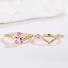 Oval Cut Pink Sapphire Engagement Ring Chevron Wedding Band 2pcs