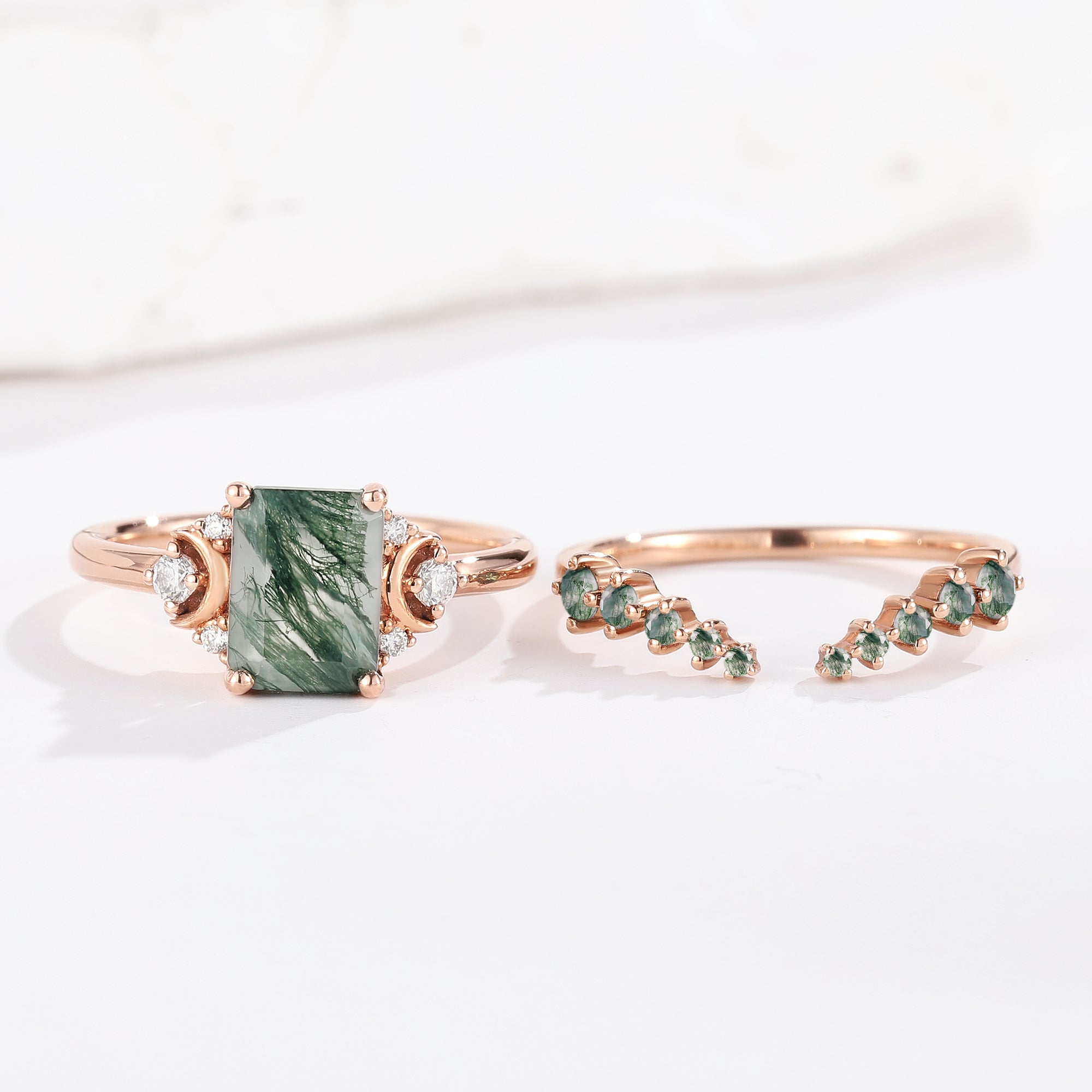 Nautre Inspired Emerald Cut Moss Agate Engagement Ring Set 2pcs