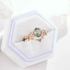 Unique Oval Cut Green Sapphire Engagement Ring Set Leafy Wedding Band