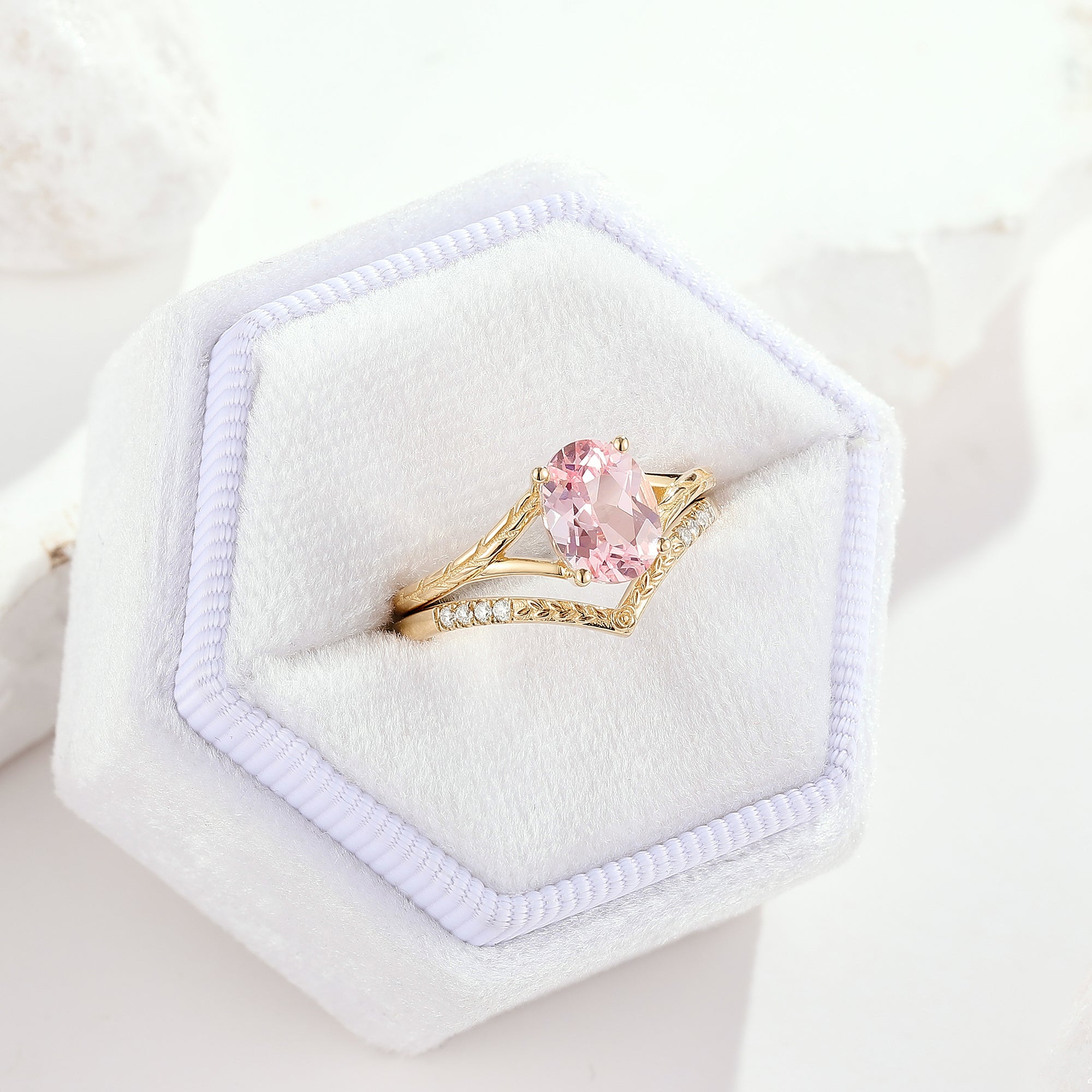 Oval Cut Pink Sapphire Engagement Ring Chevron Wedding Band 2pcs In A White Ring Box