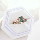 Nautre Inspired Emerald Cut Moss Agate Engagement Ring Set 2pcs
