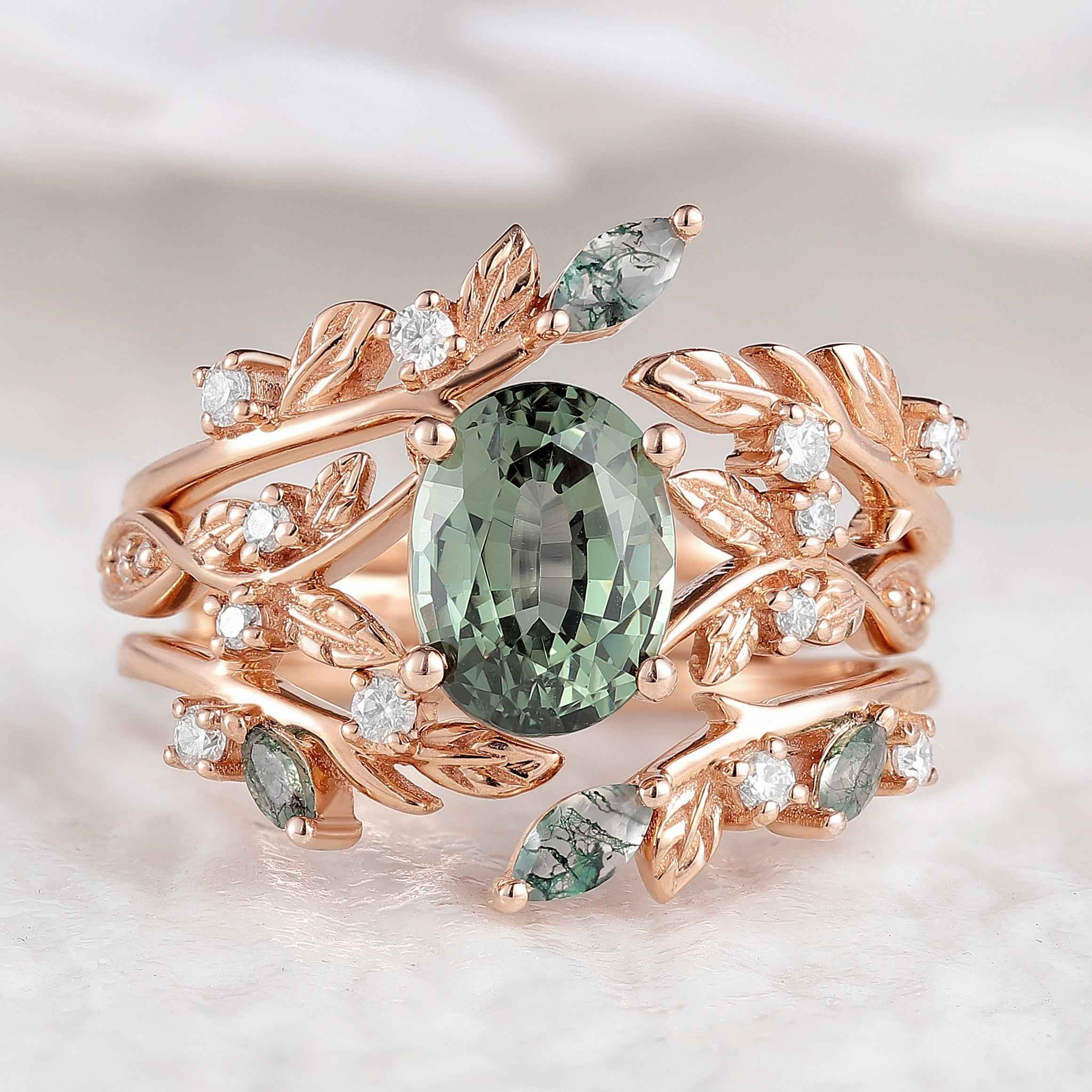 Green Sapphire Engagement Ring Moss Agate Enhancer Leaf Branch Double Wedding Band