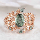 Green Sapphire Engagement Ring Moss Agate Enhancer Leaf Branch Double Wedding Band