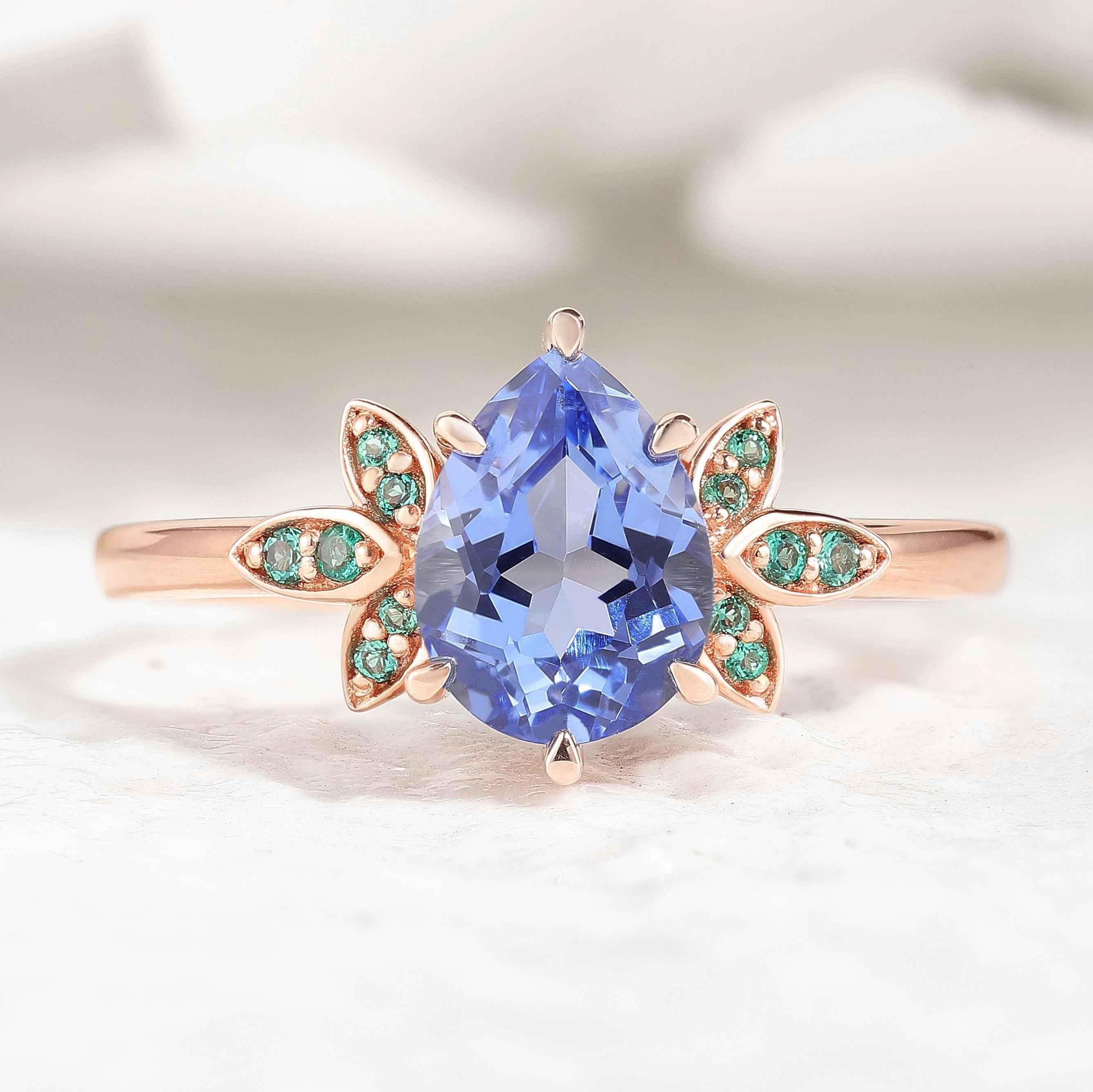 Unique Teardrop Sapphire Engagement Ring Emerald Cluster