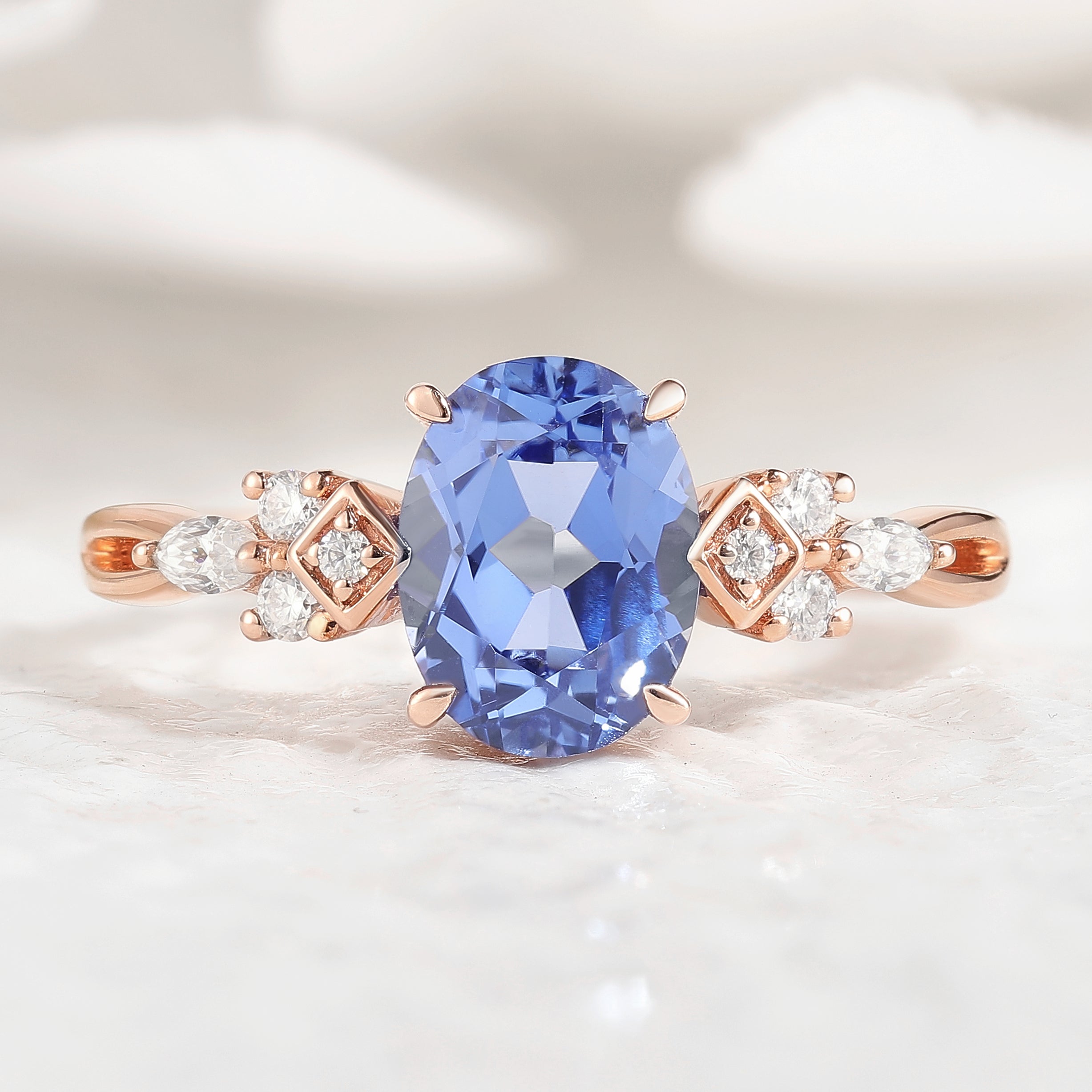 Art Deco Oval Cut Cornflower Sapphire Engagement Ring In Rose Gold