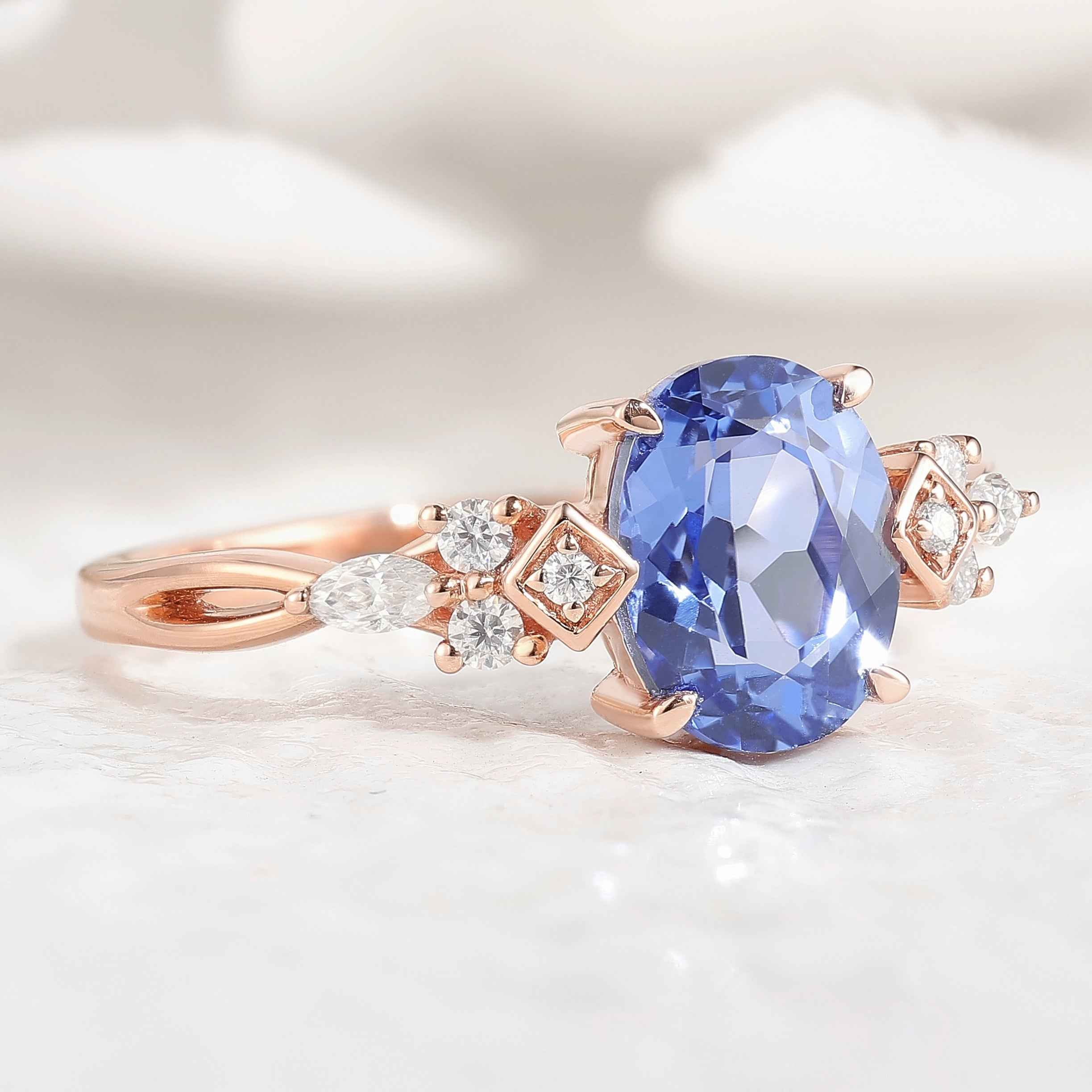 Art Deco Oval Cut Cornflower Sapphire Engagement Ring Rose Gold
