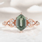 Long Hexagon Green Sapphire Engagement Ring Twisted Design Moissanite Cluster
