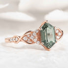 Long Hexagon Green Sapphire Engagement Ring Twisted Design Moissanite Cluster