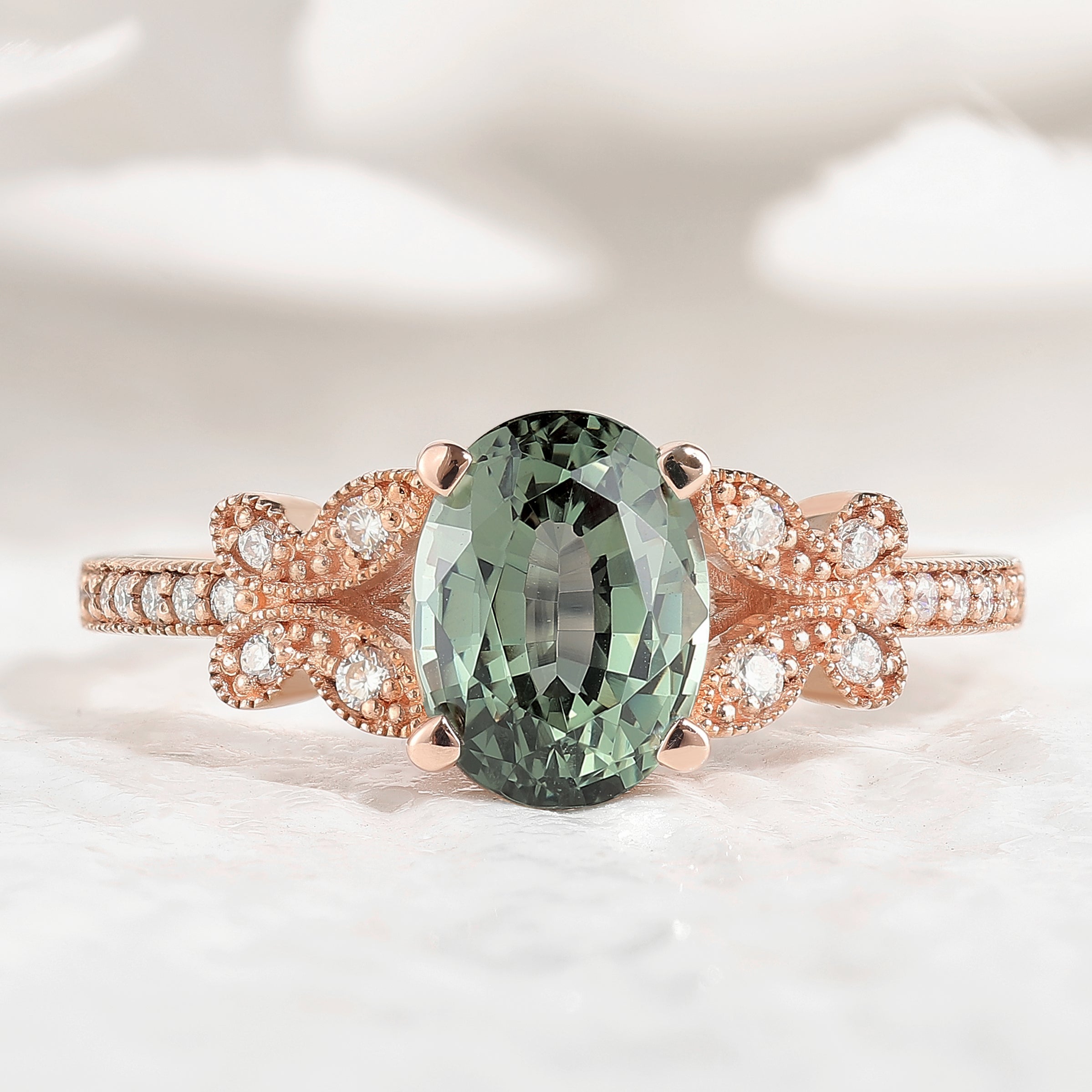 Unique Design Moissanite Cluster Butterfly Green Sapphire Ring