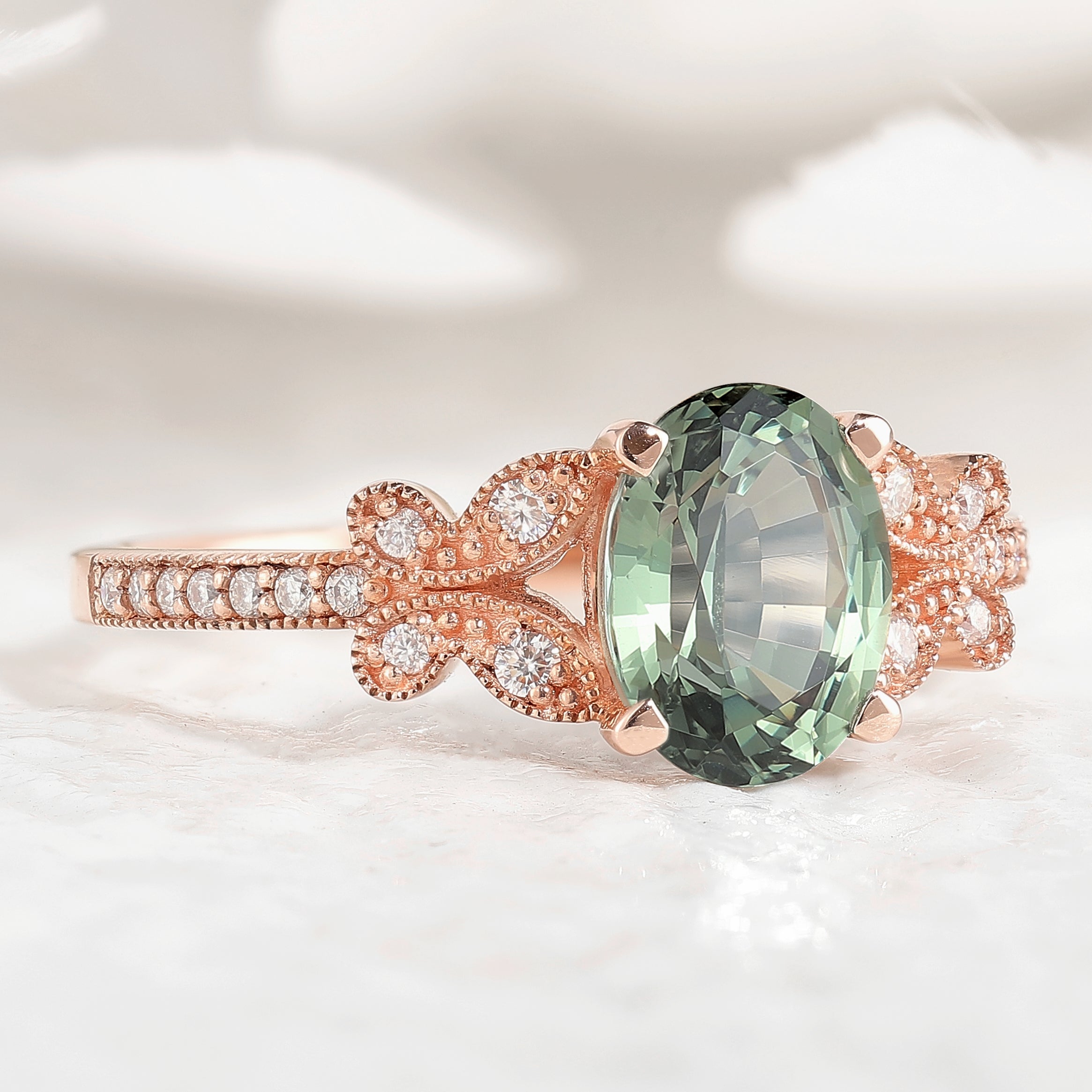 Unique Design Moissanite Cluster Butterfly Green Sapphire Ring