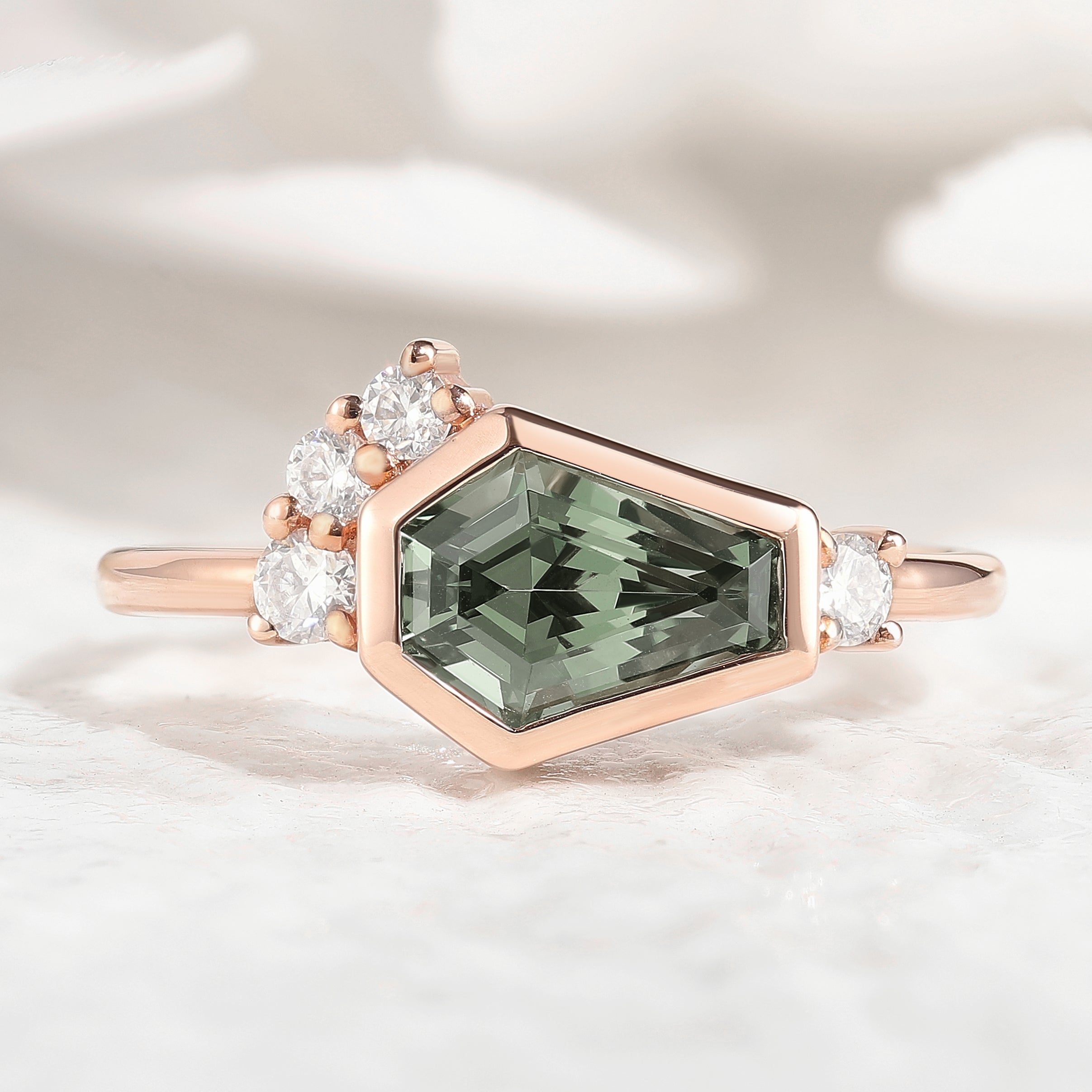 Unique Coffin Cut Green Sapphire Engagement Ring Handmade Ring