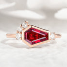 Coffin cut ruby engagement ring with lab green sapphire