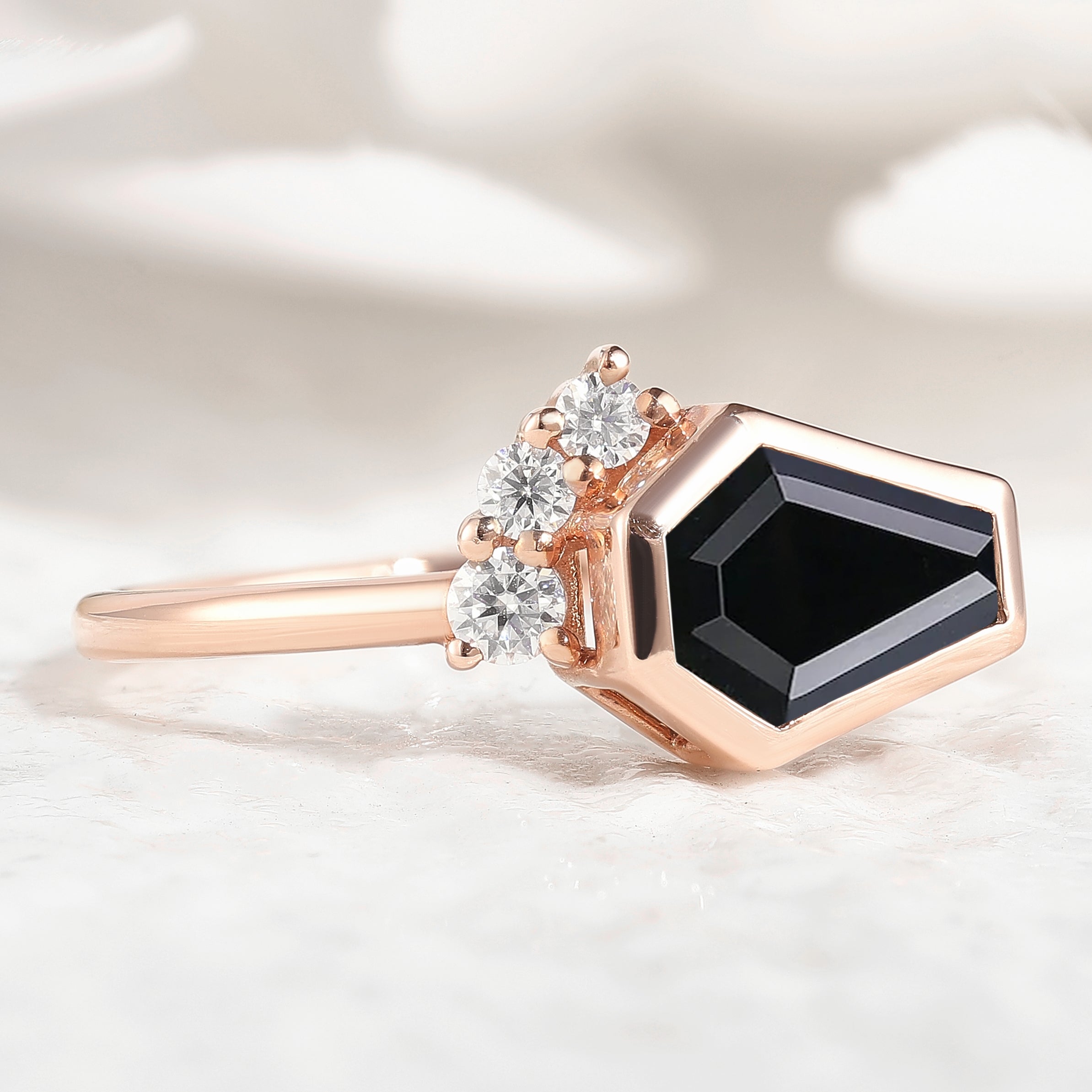 Black Onyx Coffin Cut Engagement Ring with Diamond Accents