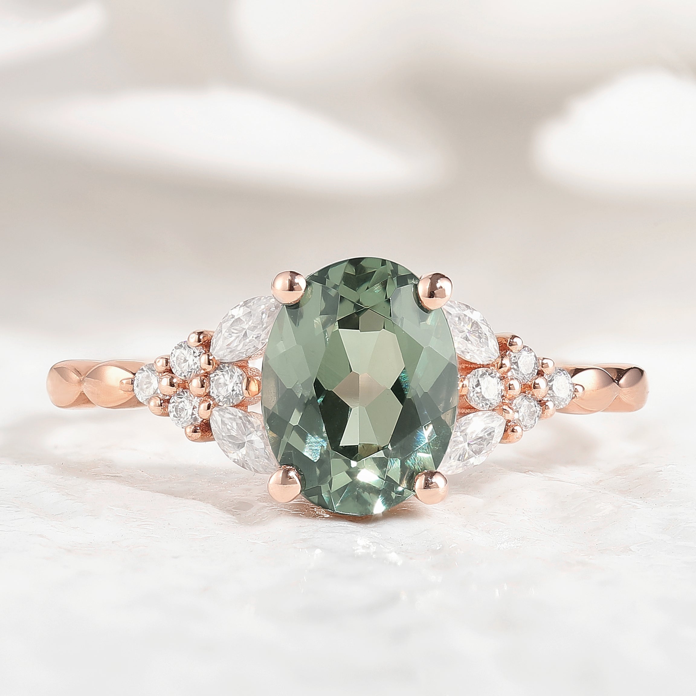 14K Rose Gold Oval Cut Green Sapphire Engagement Ring Moissanite Cluster Ring 