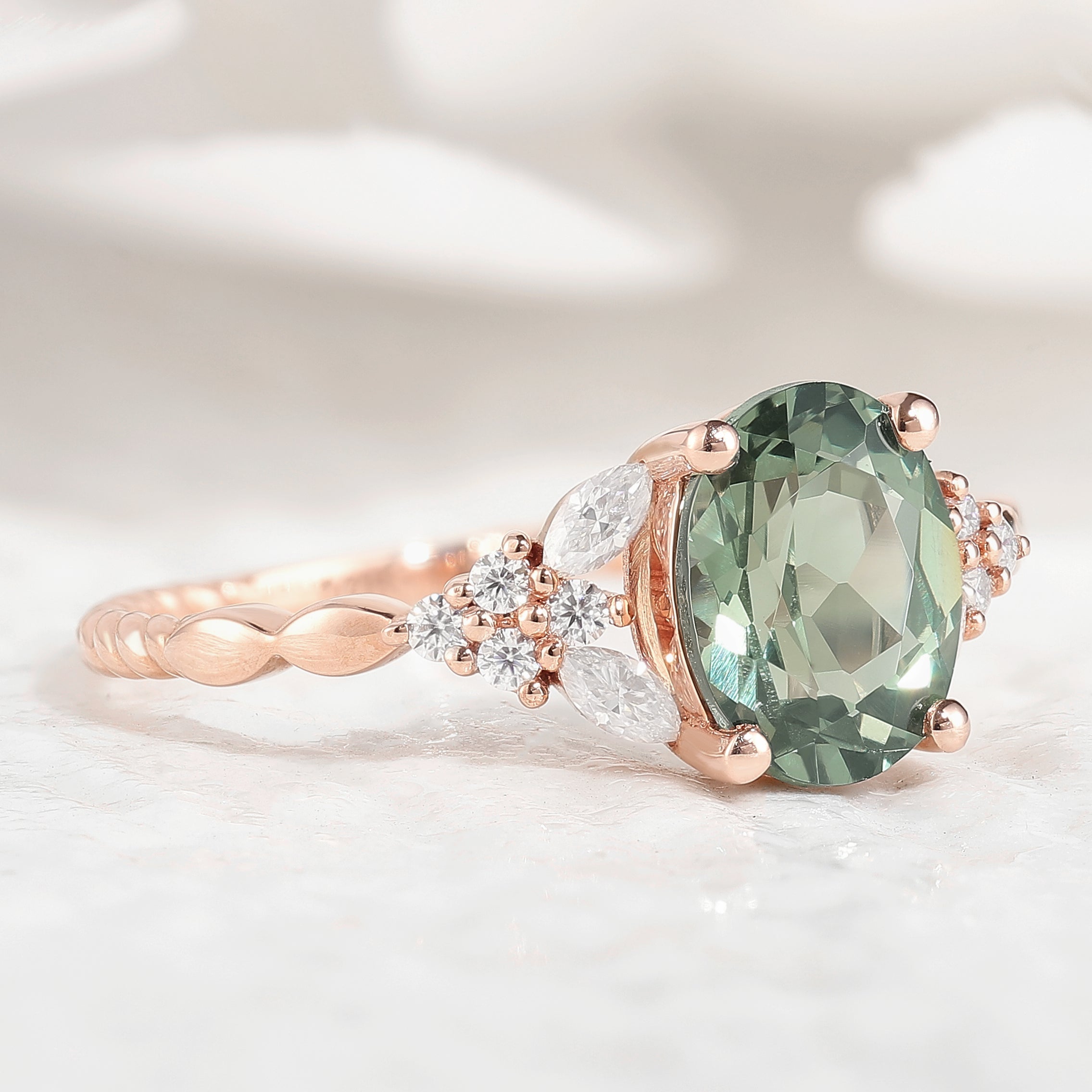 14K Rose Gold Oval Cut Green Sapphire Engagement Ring