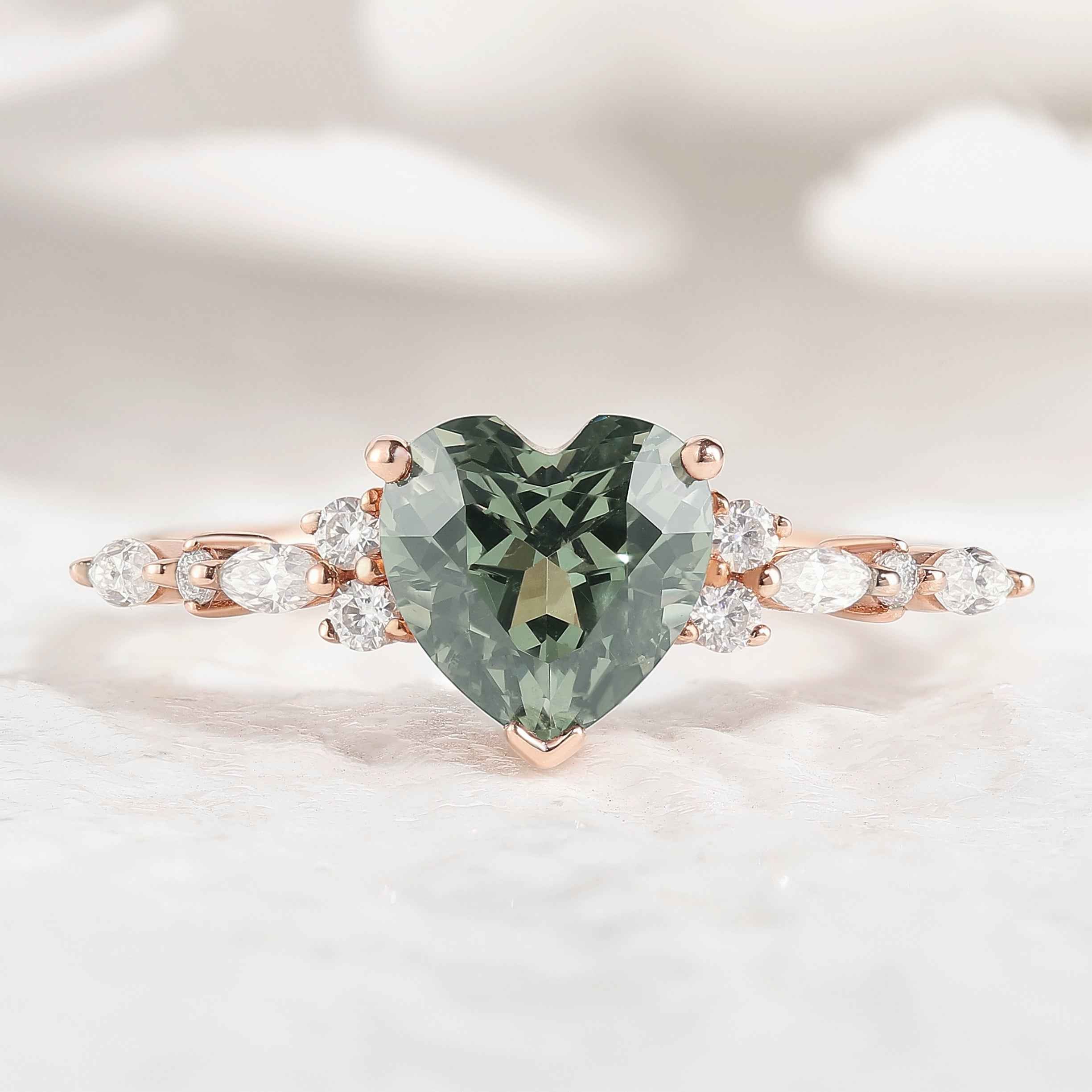Classic Heart Shaped Green Sapphire Ring Moissanite Cluster