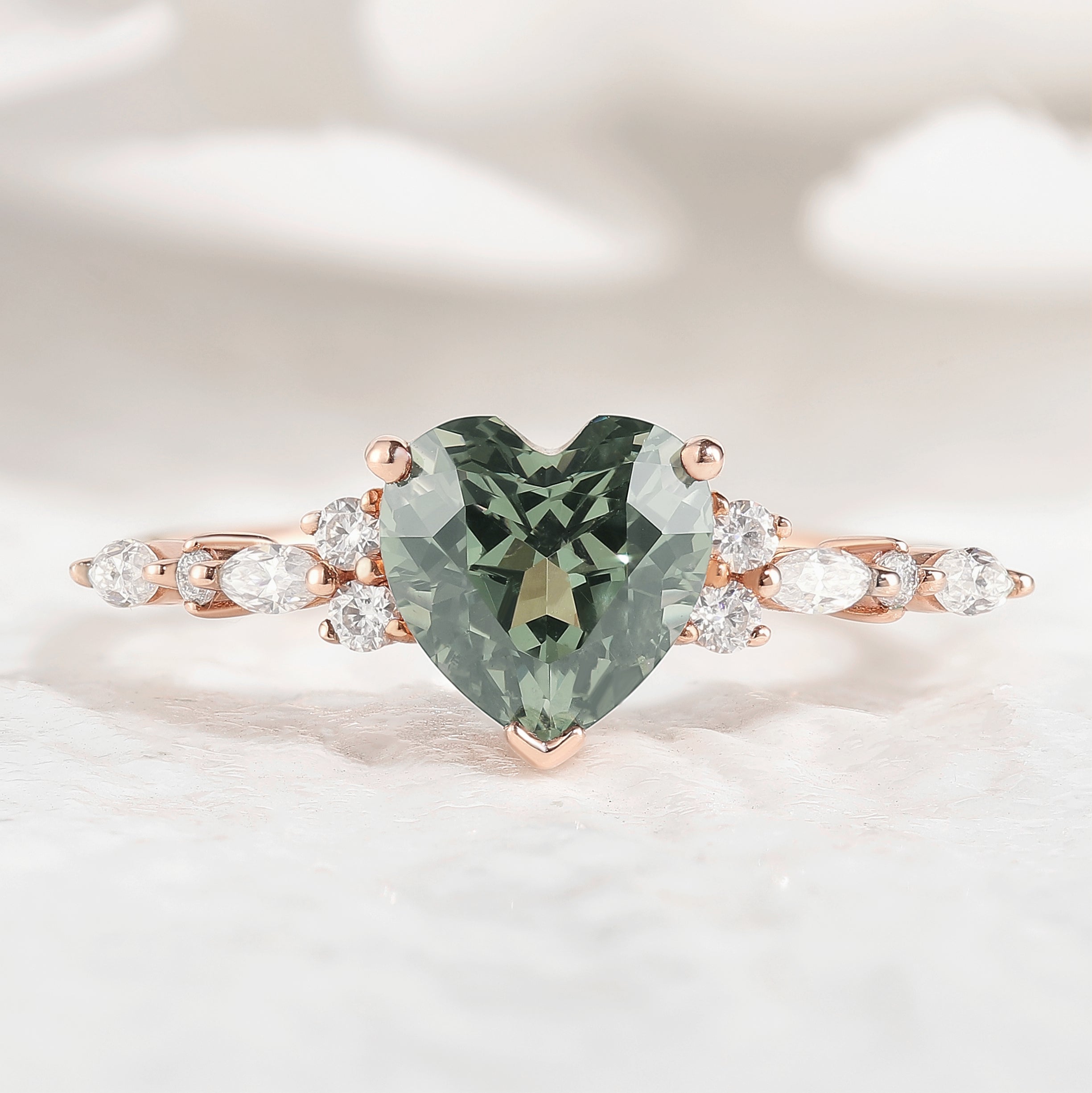 Classic Heart Shaped Green Sapphire Ring Moissanite Cluster