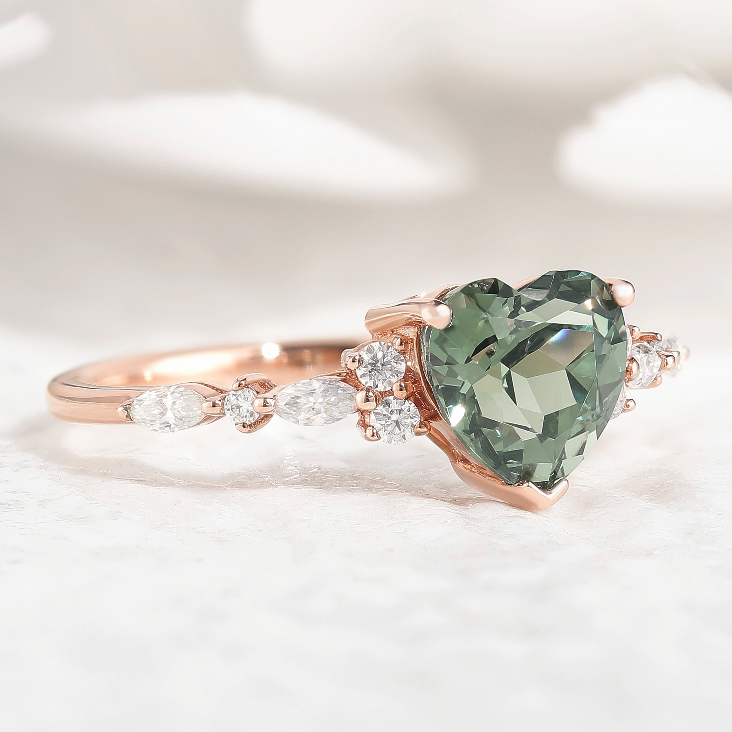 Classic Heart Shaped Green Sapphire Ring Moissanite Cluster