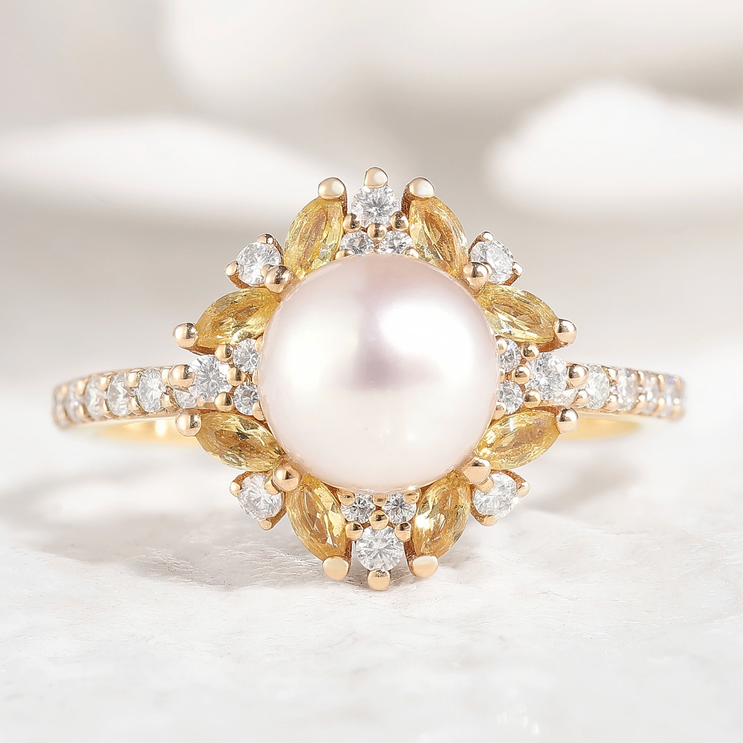 Vintage Akoya Pearl Engagement Ring Citrine & Moissanite Cluster