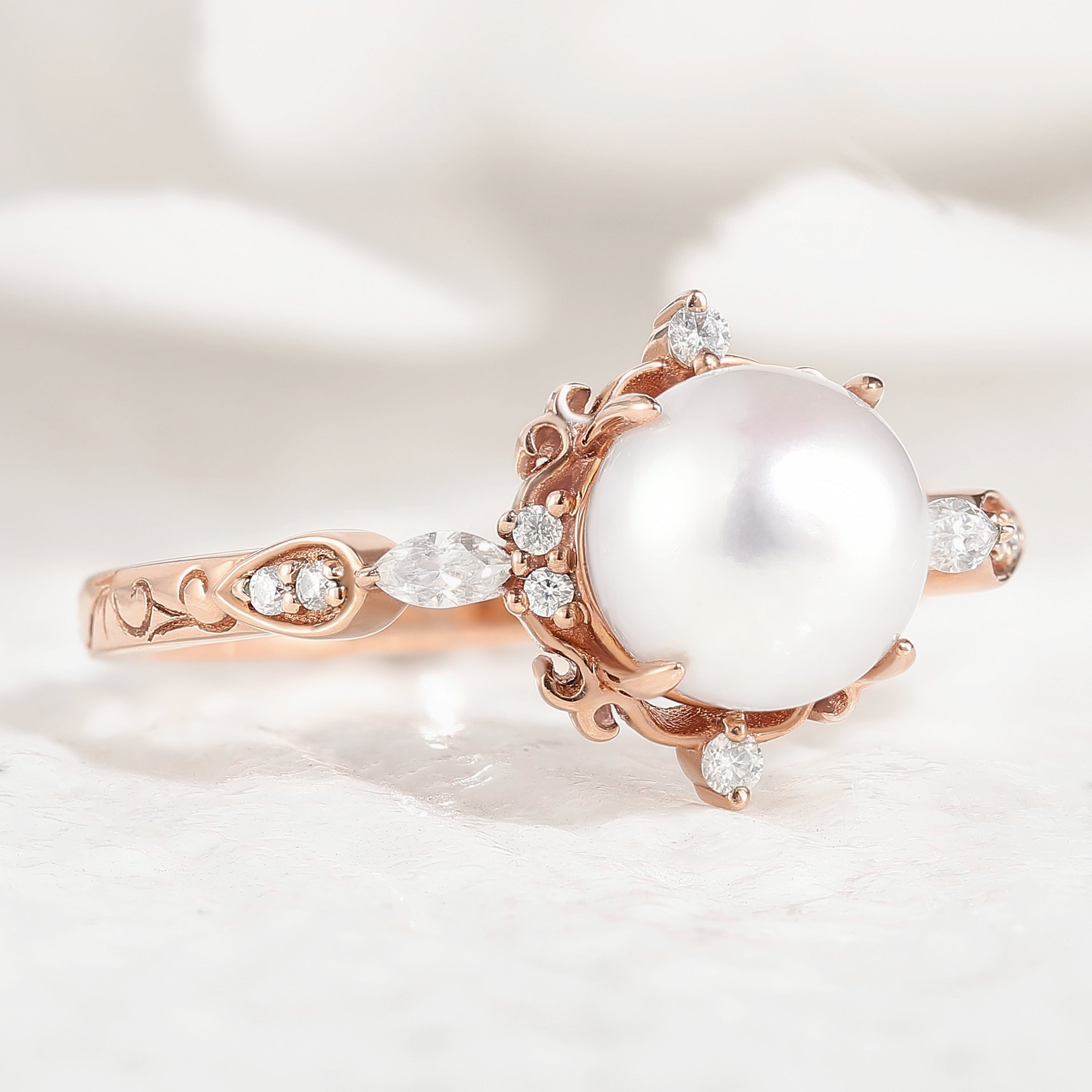 Vintage Natural Akoya Pearl Engagement Ring Moissanite Cluster Ring