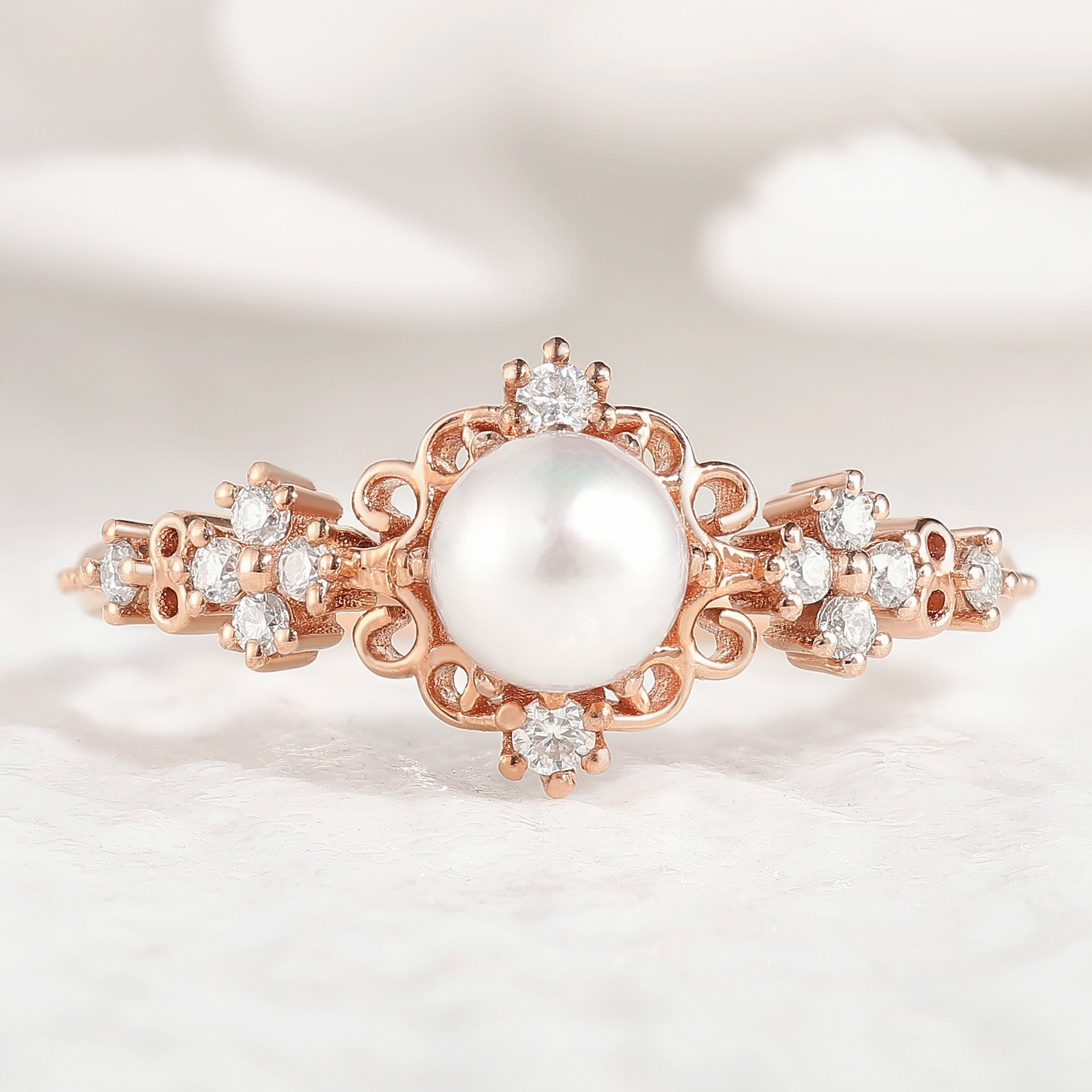 Signature Vintage Natural Akoya Pearl Engagement Ring In Rose Gold