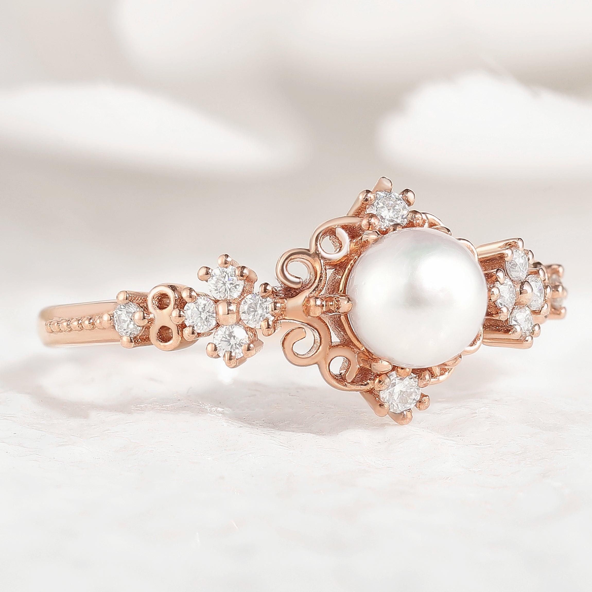 Signature Vintage Natural Akoya Pearl Engagement Ring Rose Gold Ring