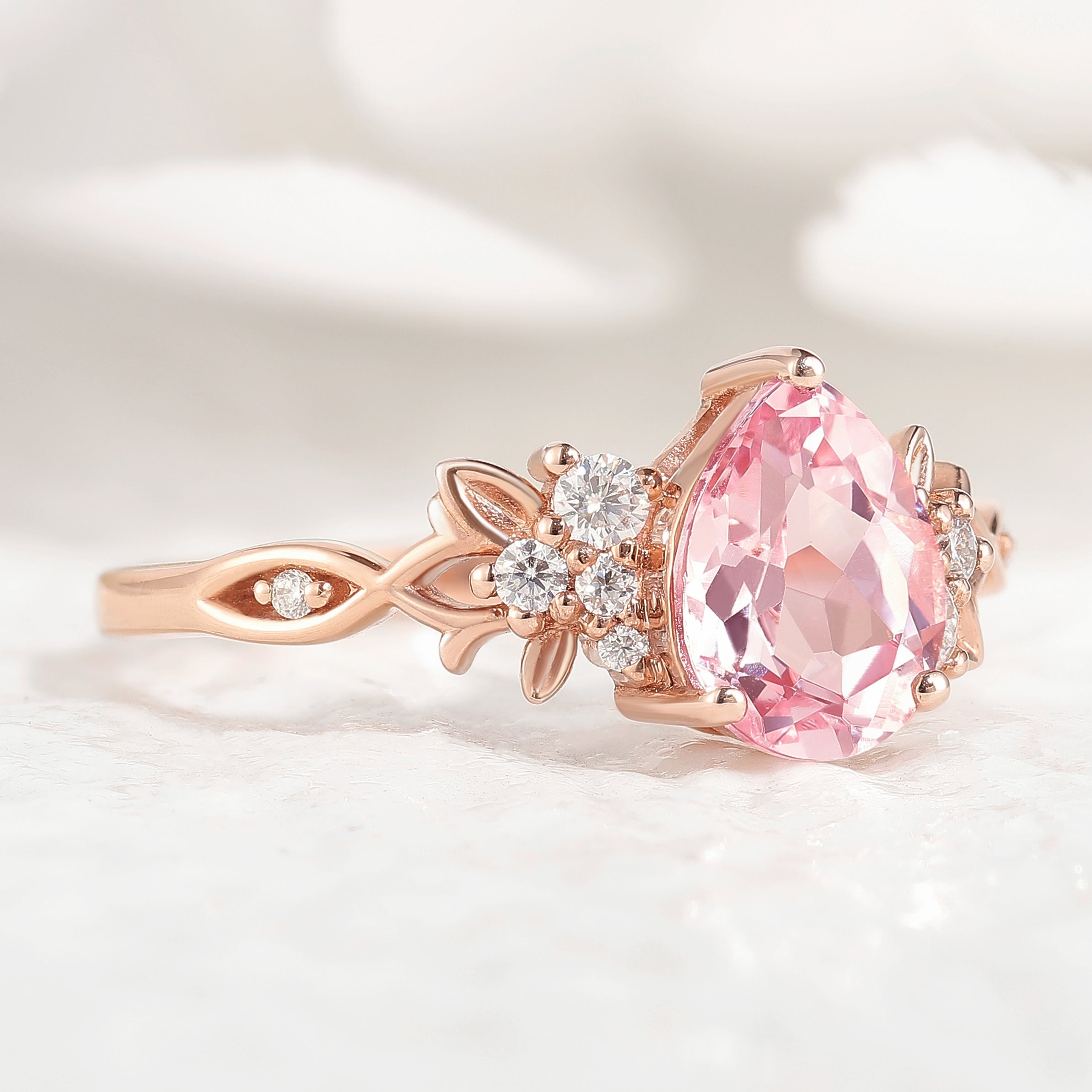 Natural Inspired Leaf Ring Pear Cut Pink Sapphire Engagement Ring