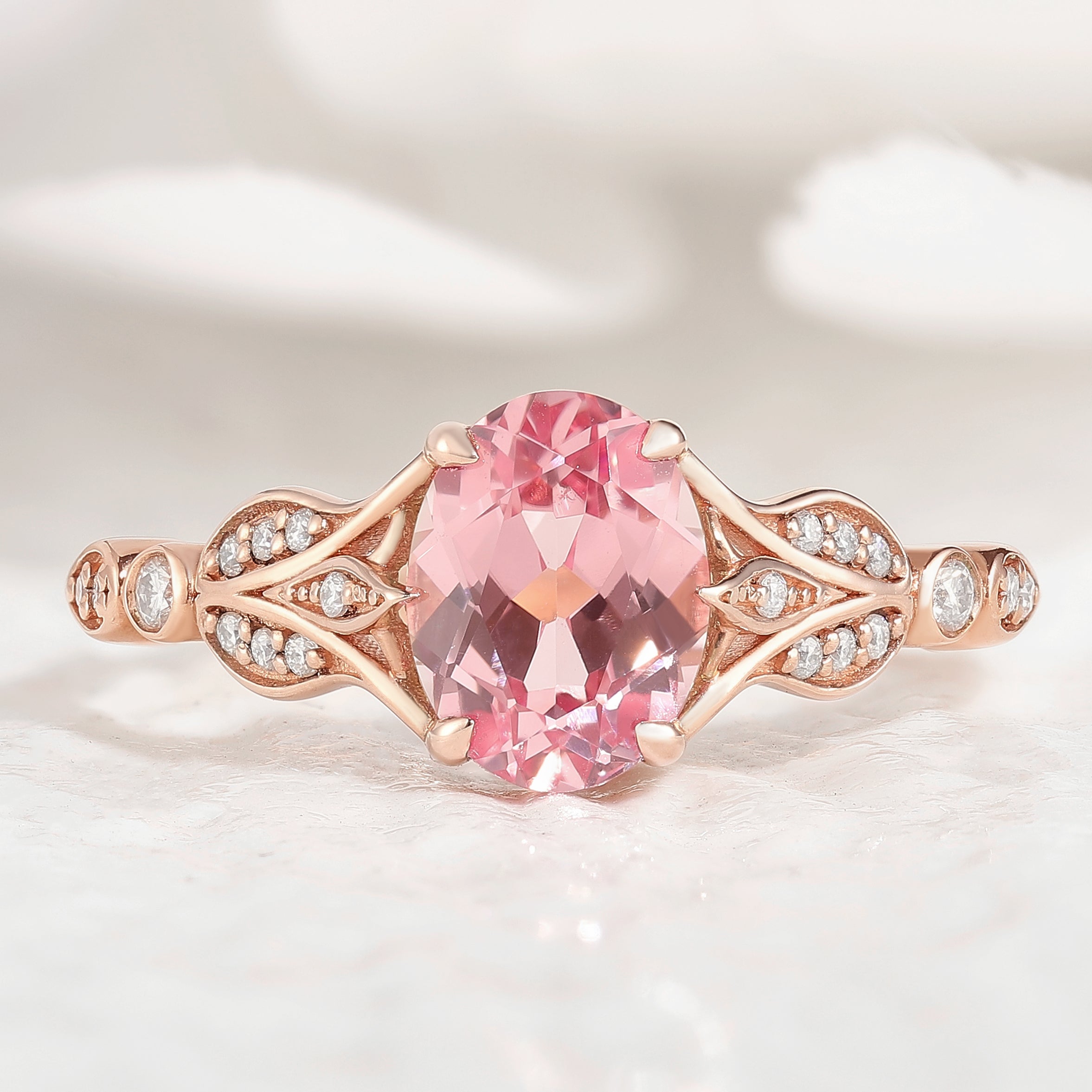 Nature Inspired Flora Engagement Ring Oval Cut Pink Sapphire Ring