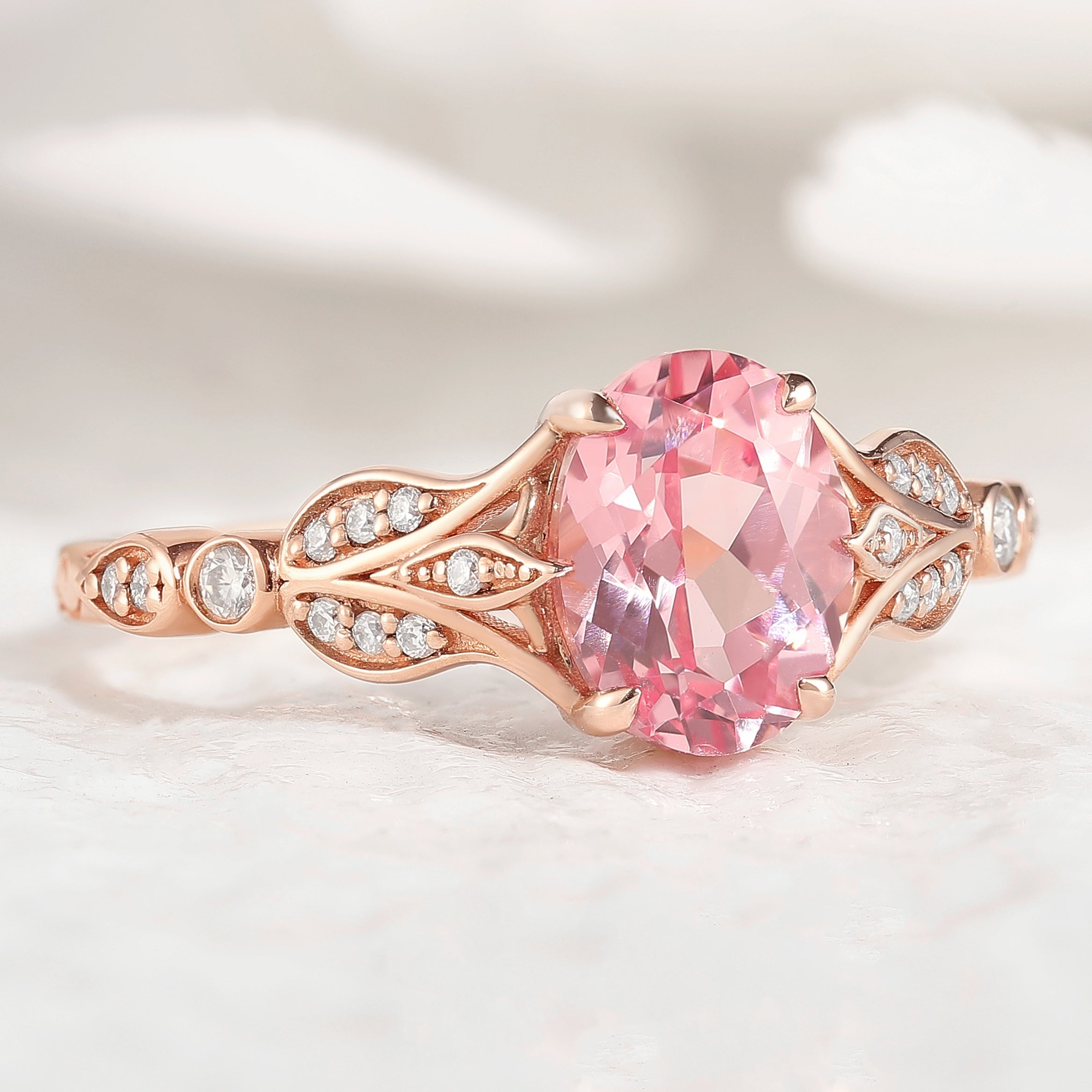 Nature Inspired Flora Engagement Ring Oval Cut Pink Sapphire Ring