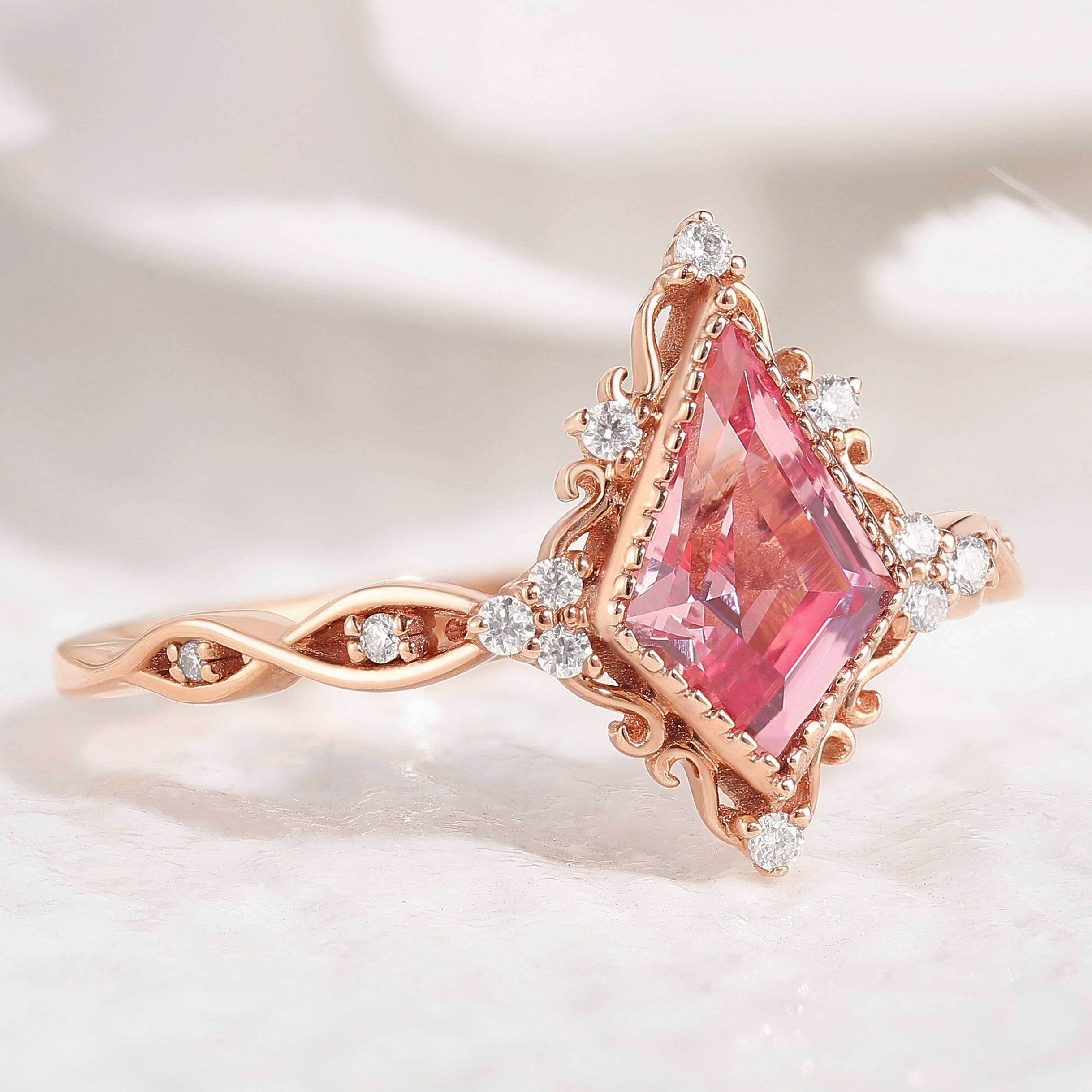 Vintage Kite Shaped Peach Sapphire Engagement Ring Solid Gold Ring