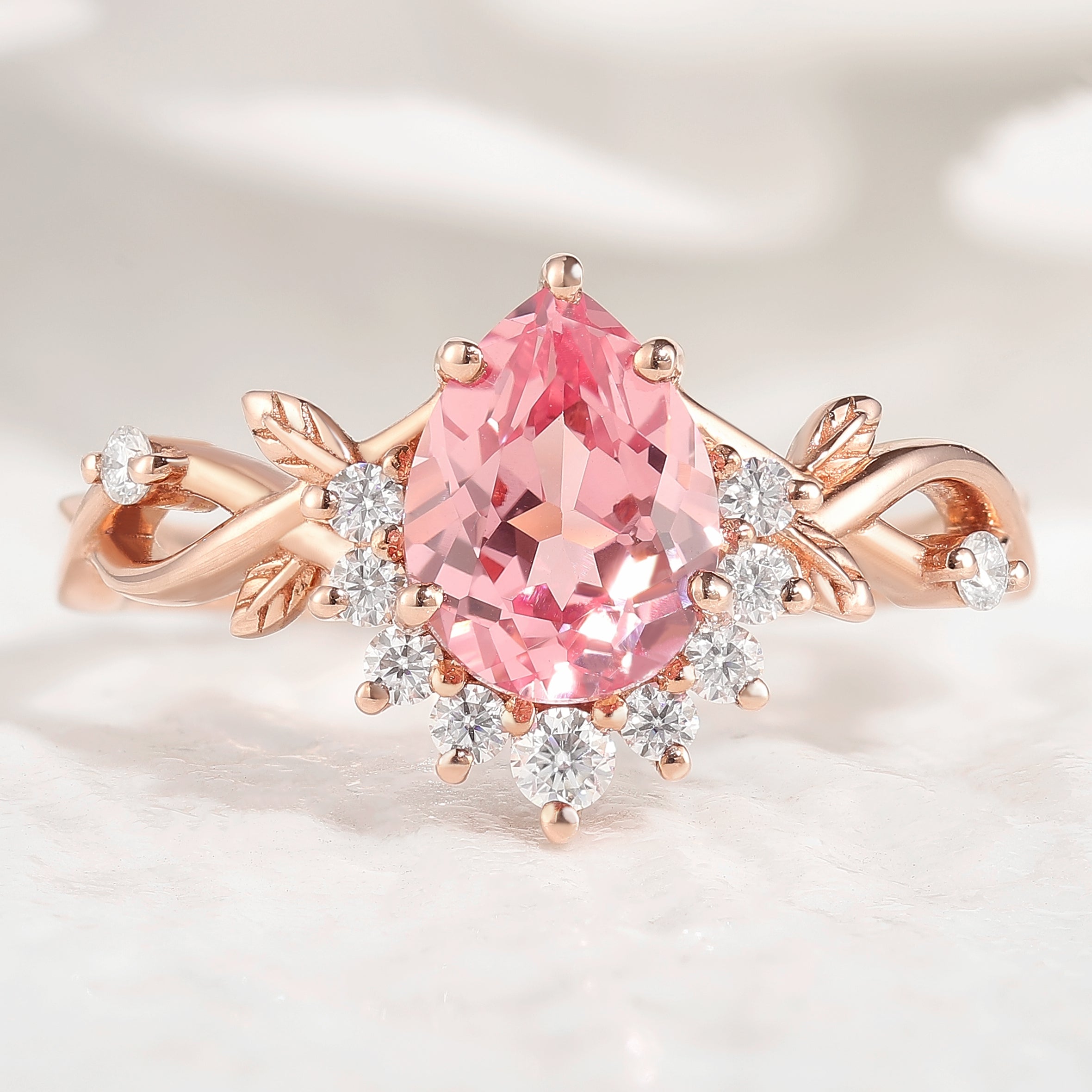 Nature Inspired Leaf Ring Pear Cut Pink Sapphire Engagement Ring