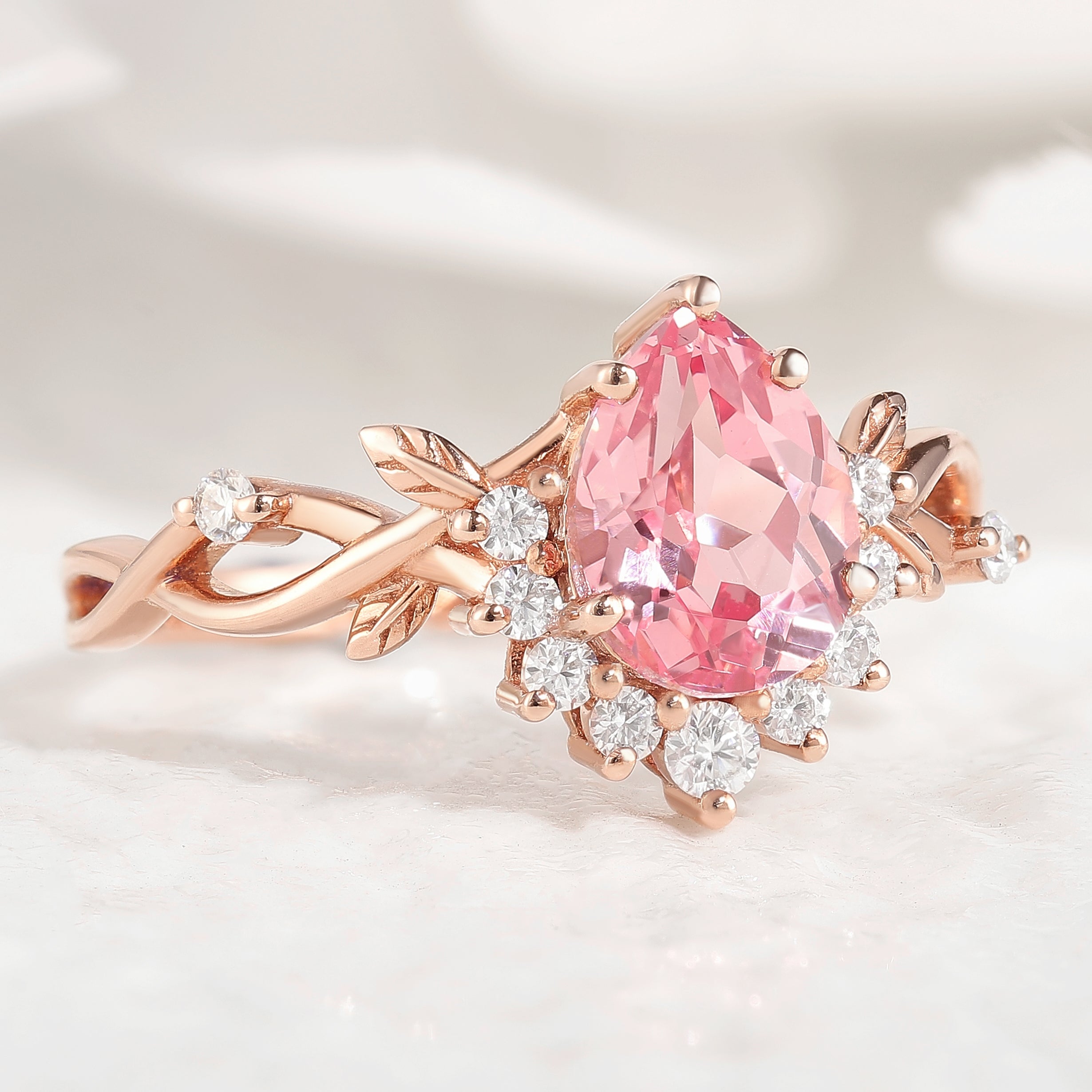 Nature Inspired Leaf Ring Pear Cut Pink Sapphire Engagement Ring