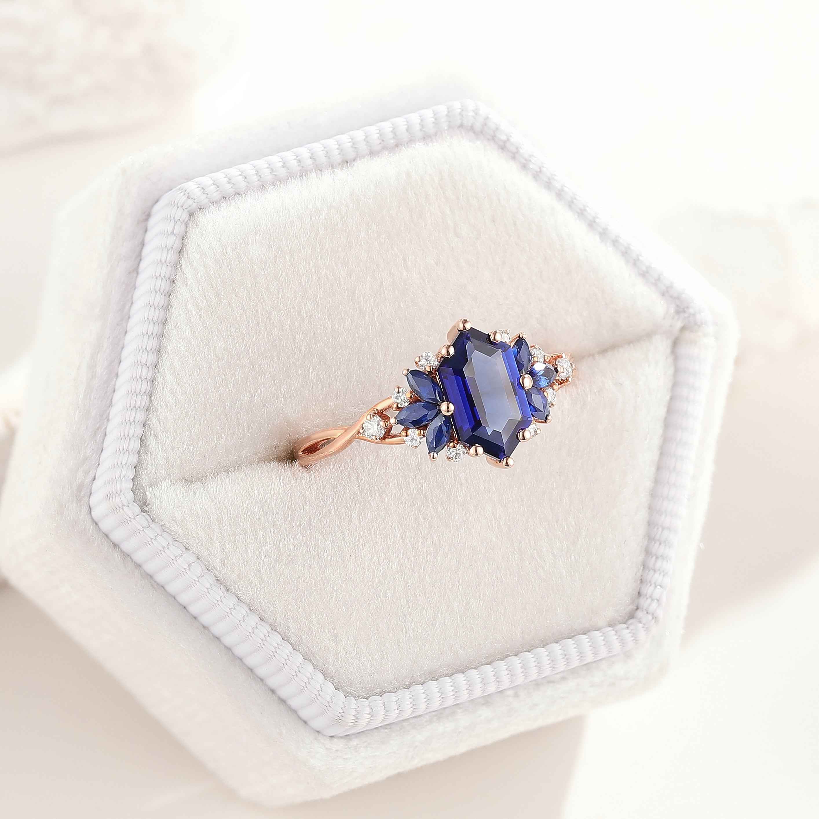 Vintage Hexagon Cut Blue Sapphire Engagement Ring