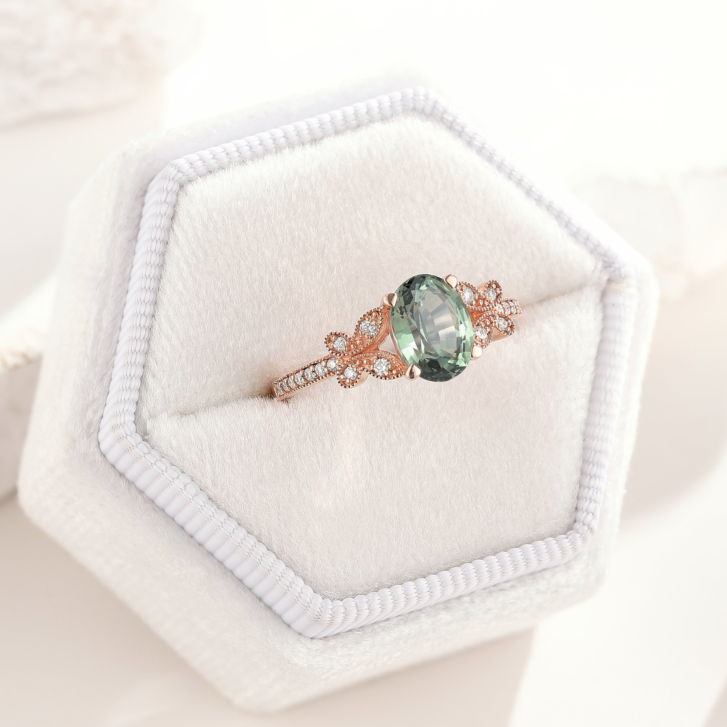 Unique Design Moissanite Cluster Butterfly Green Sapphire Ring In A White Ring Box