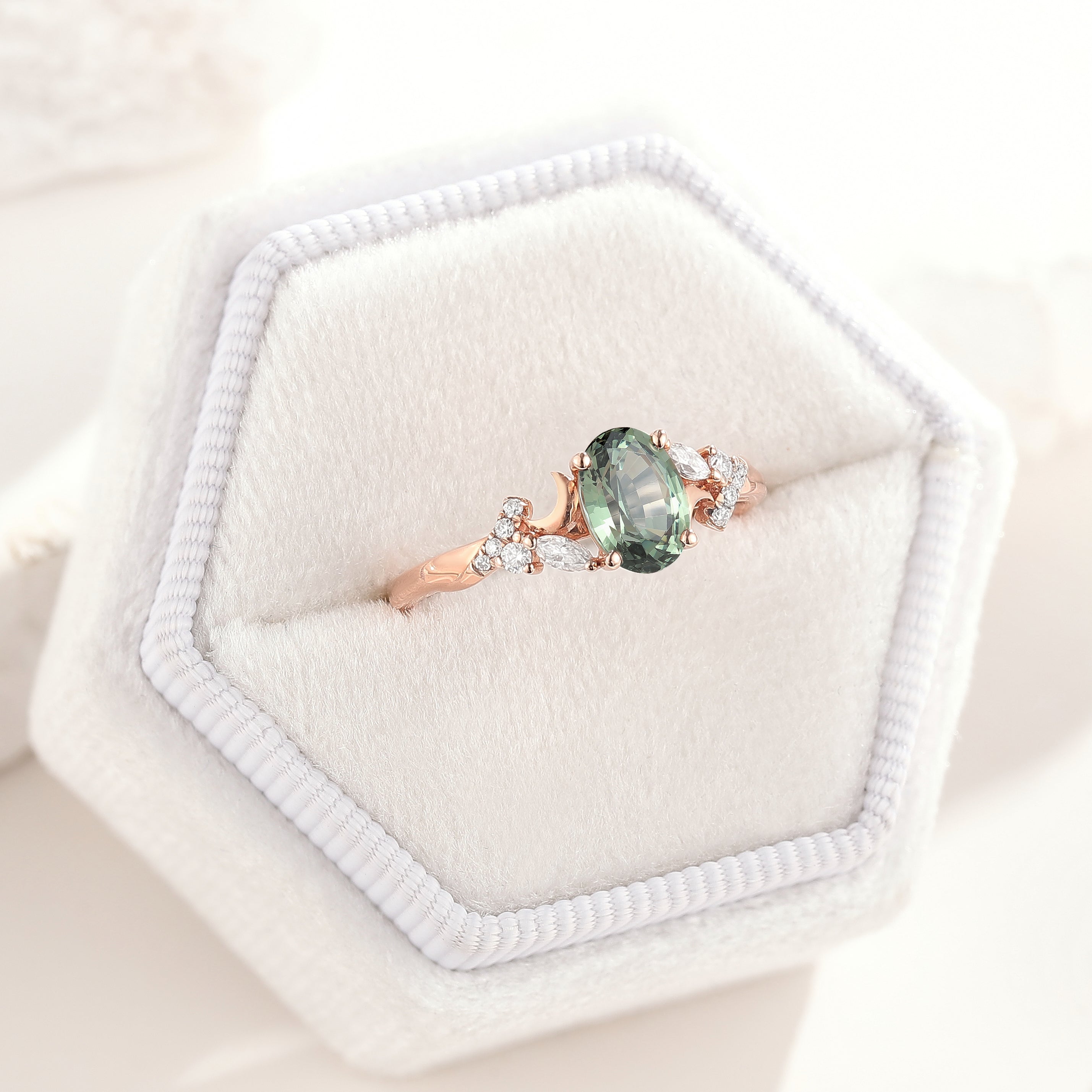 Unique Design Moon Oval Cut Green Sapphire Engagement Ring In A White Ring Box