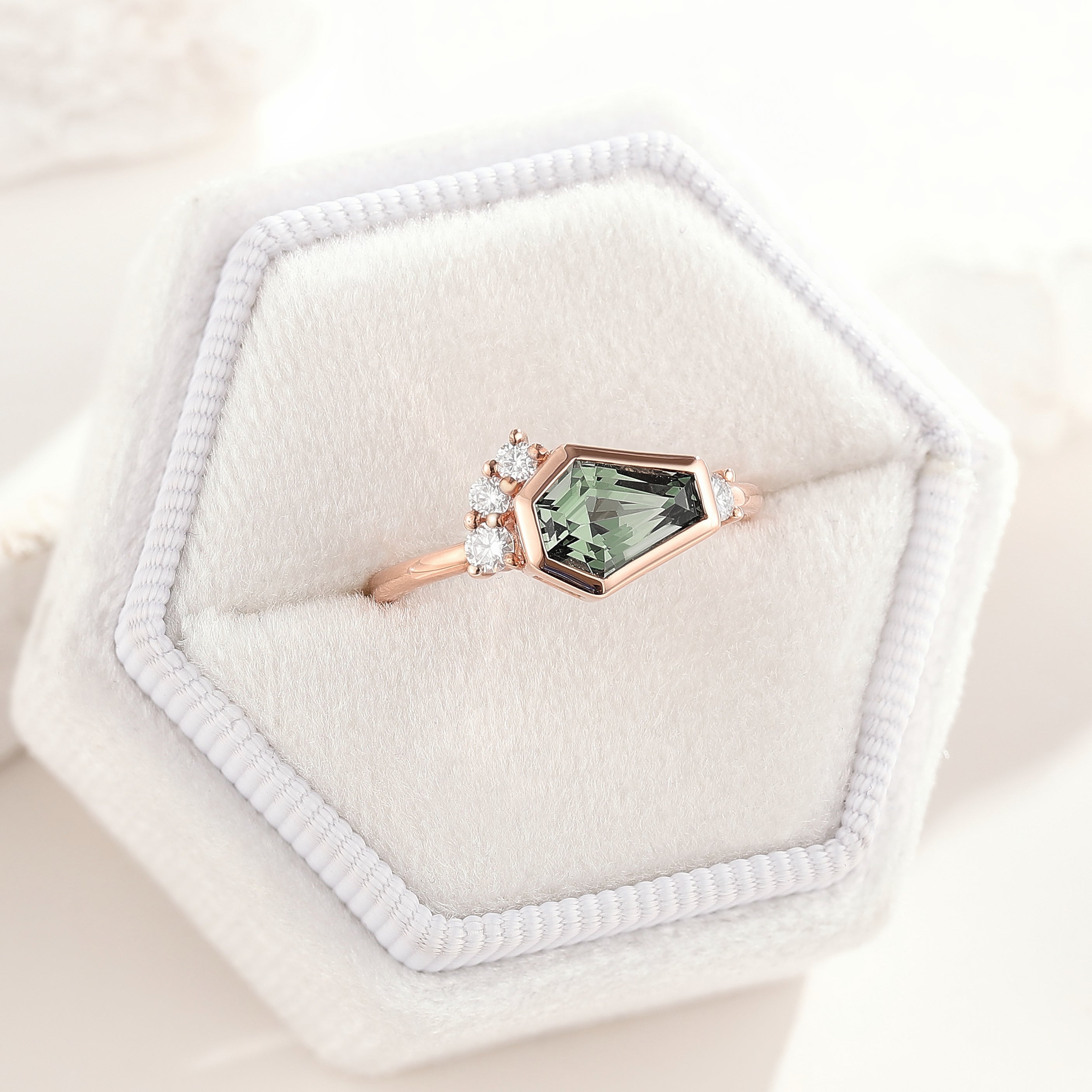 Unique Coffin Cut Green Sapphire Engagement Ring  In A Box