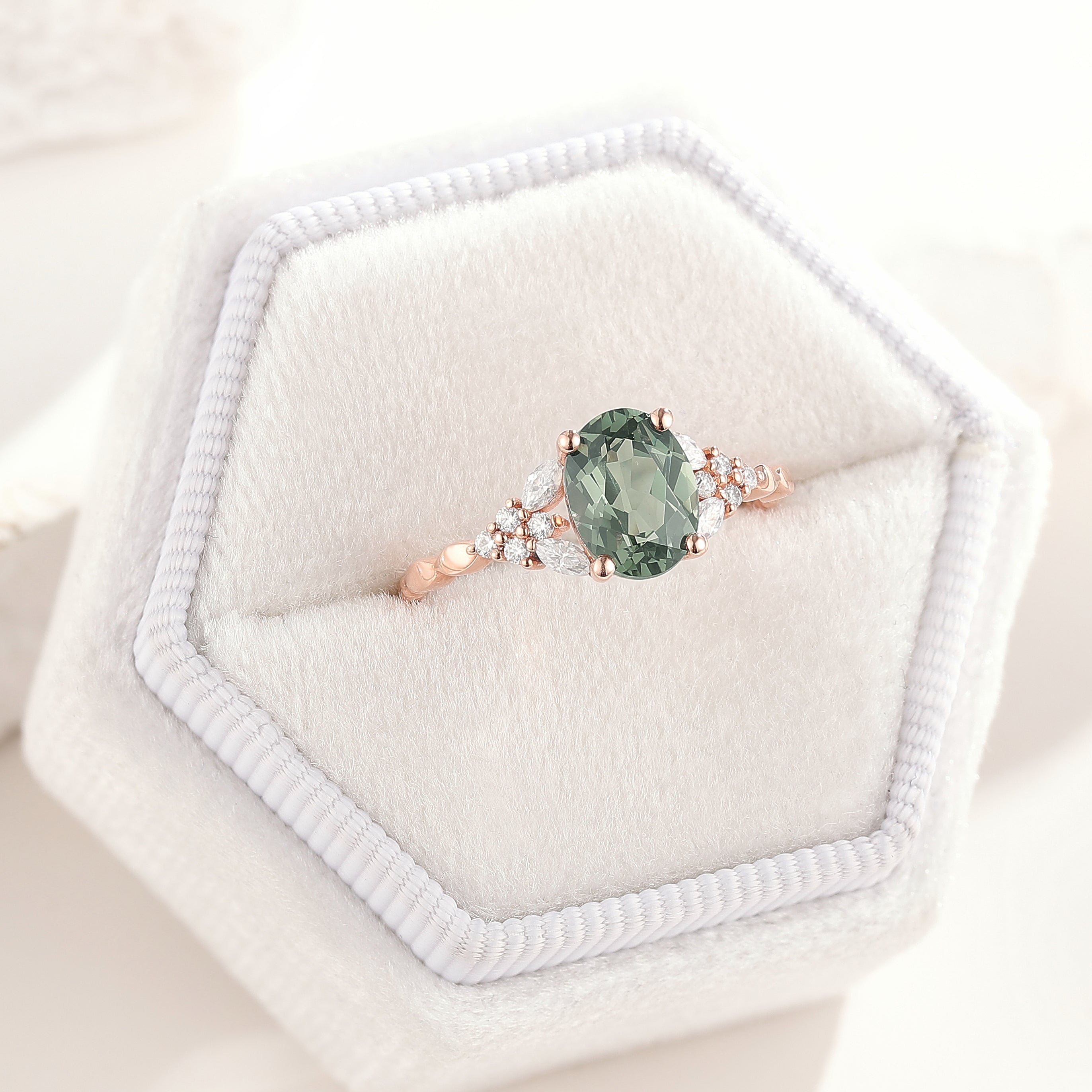 14K Rose Gold Oval Cut Green Sapphire Engagement Ring In A White Box