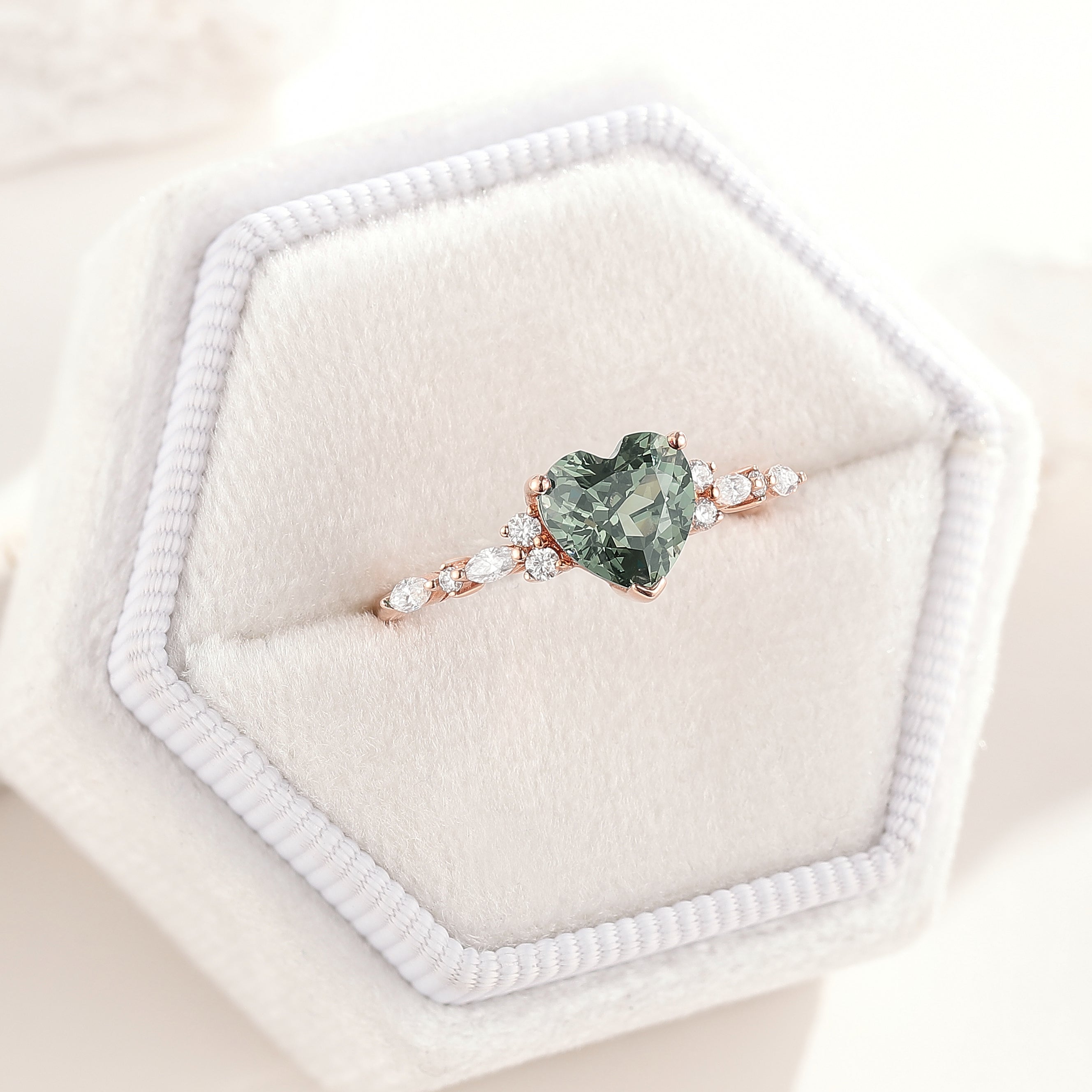 Classic Heart Shaped Green Sapphire Ring Moissanite Cluster In A Ring Box