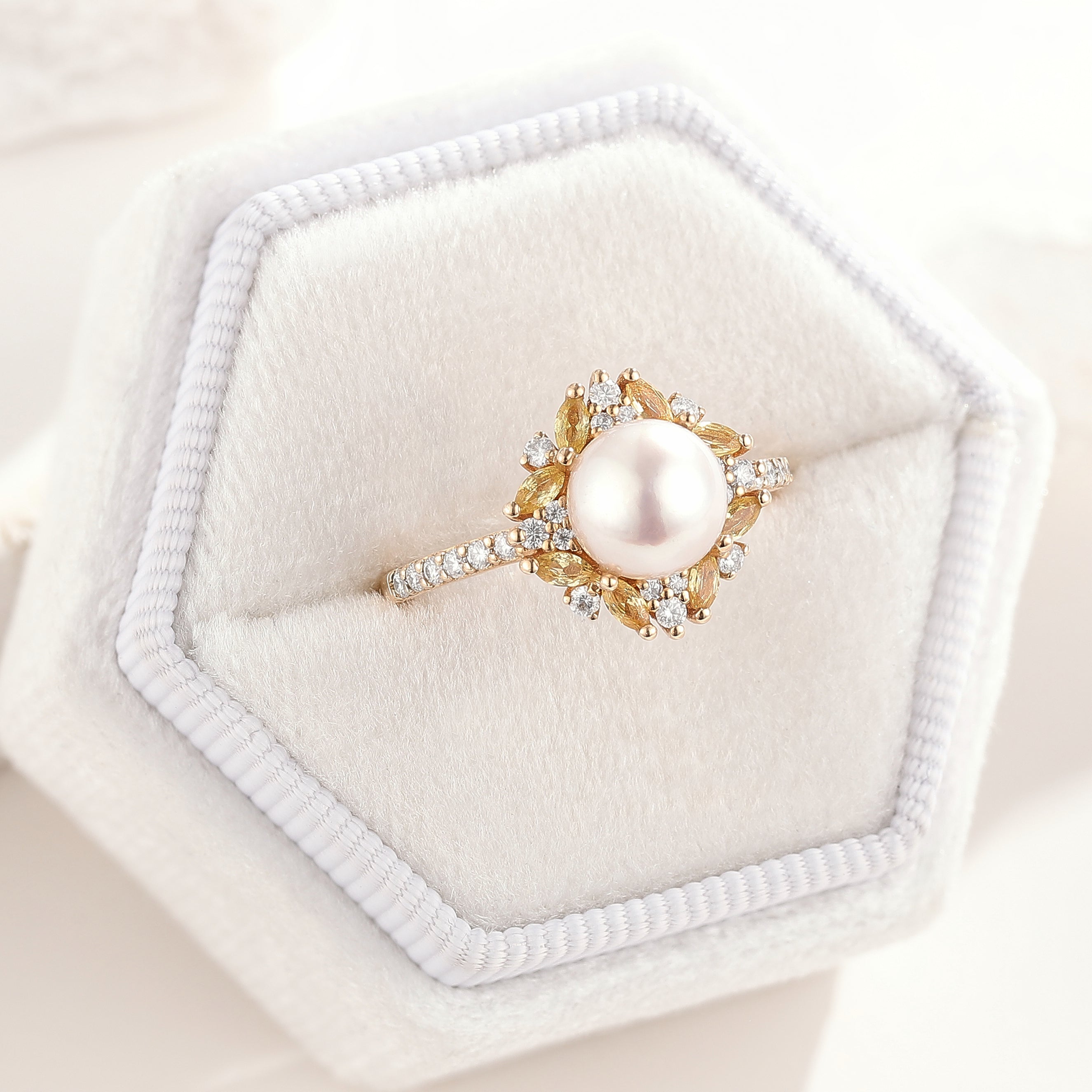 Vintage Akoya Pearl Engagement Ring Citrine & Moissanite Cluster In A Box