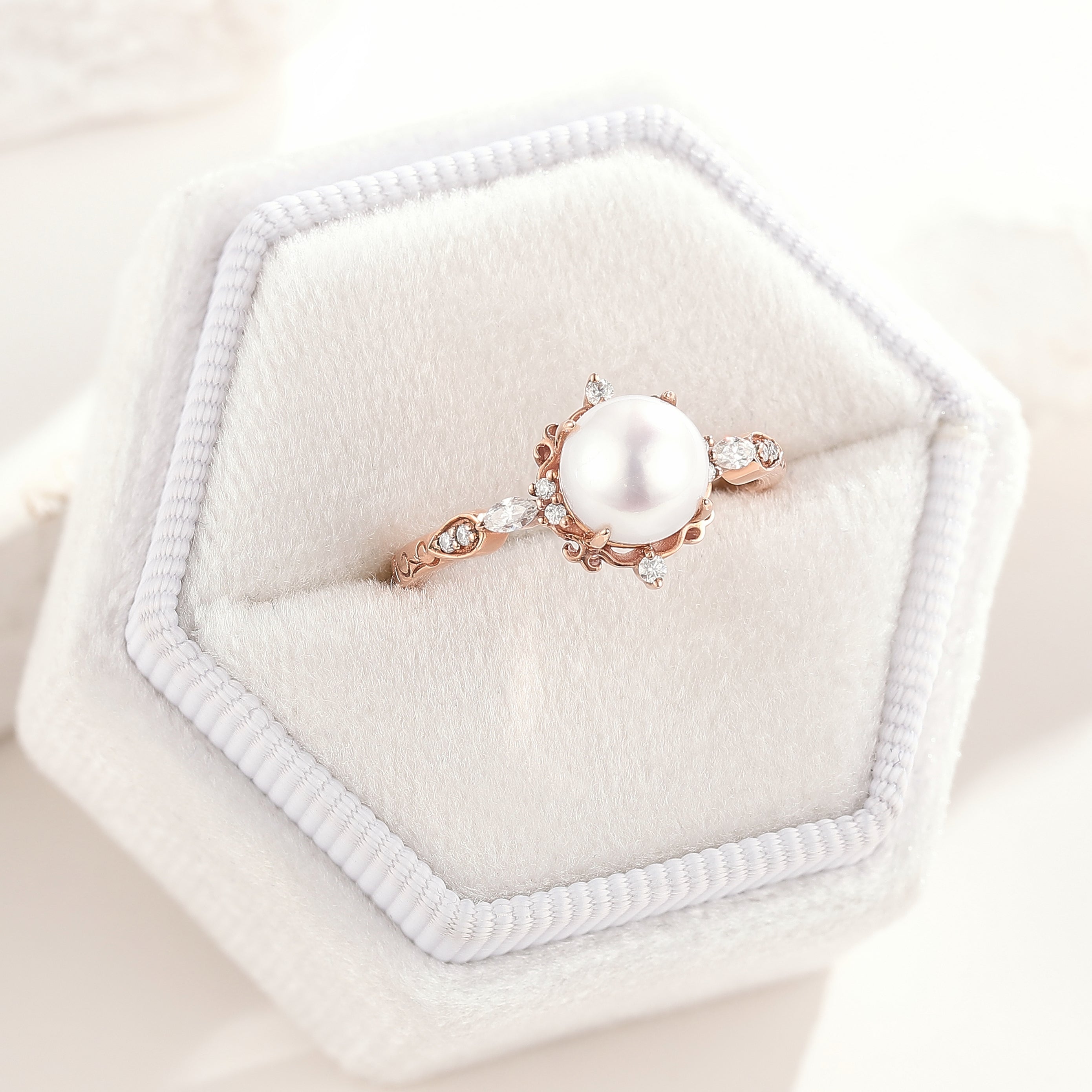 Vintage Natural Akoya Pearl Engagement Ring Moissanite Cluster Ring In a White Ring Box