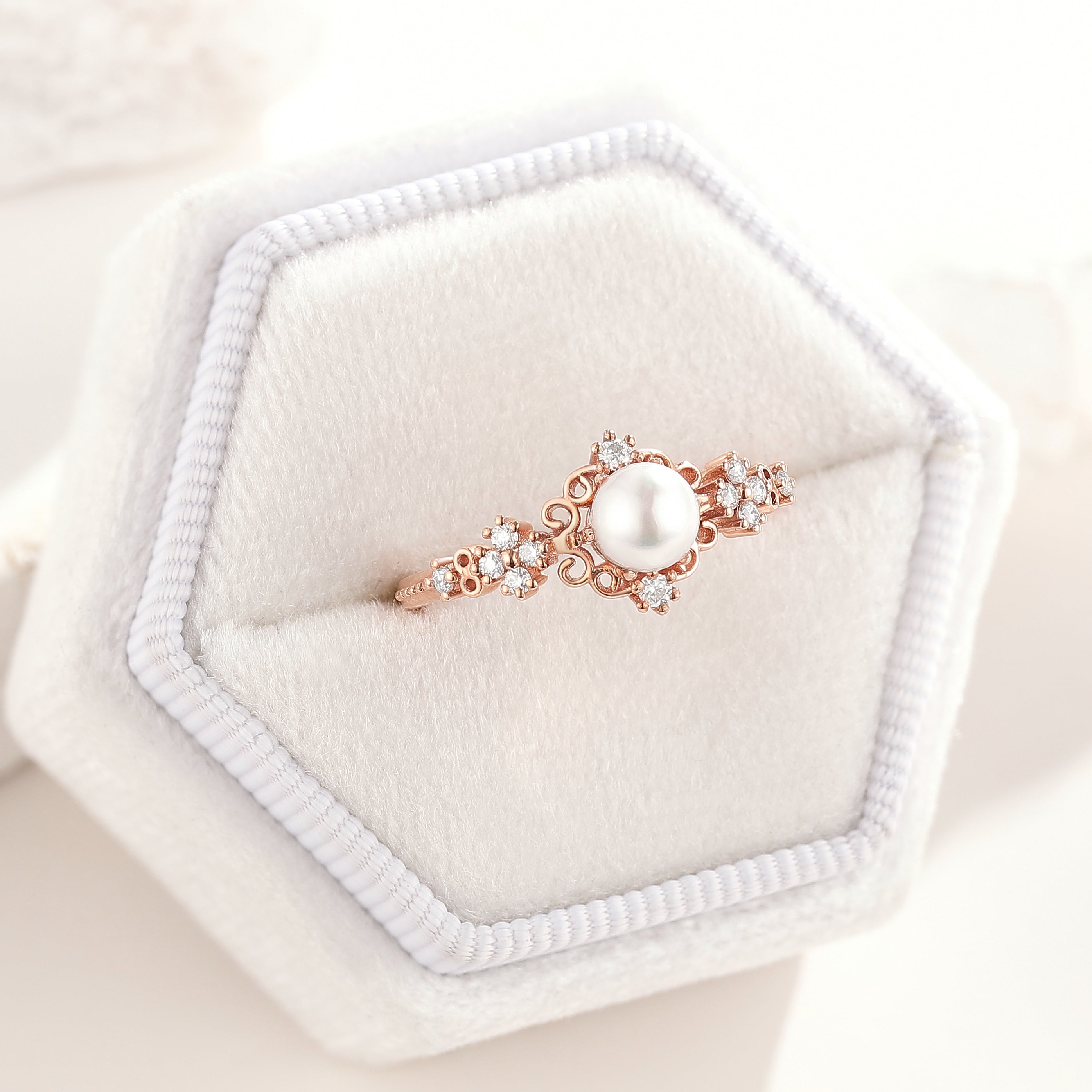 Signature Vintage Natural Akoya Pearl Engagement Ring Rose Gold Ring In A White Ring Box