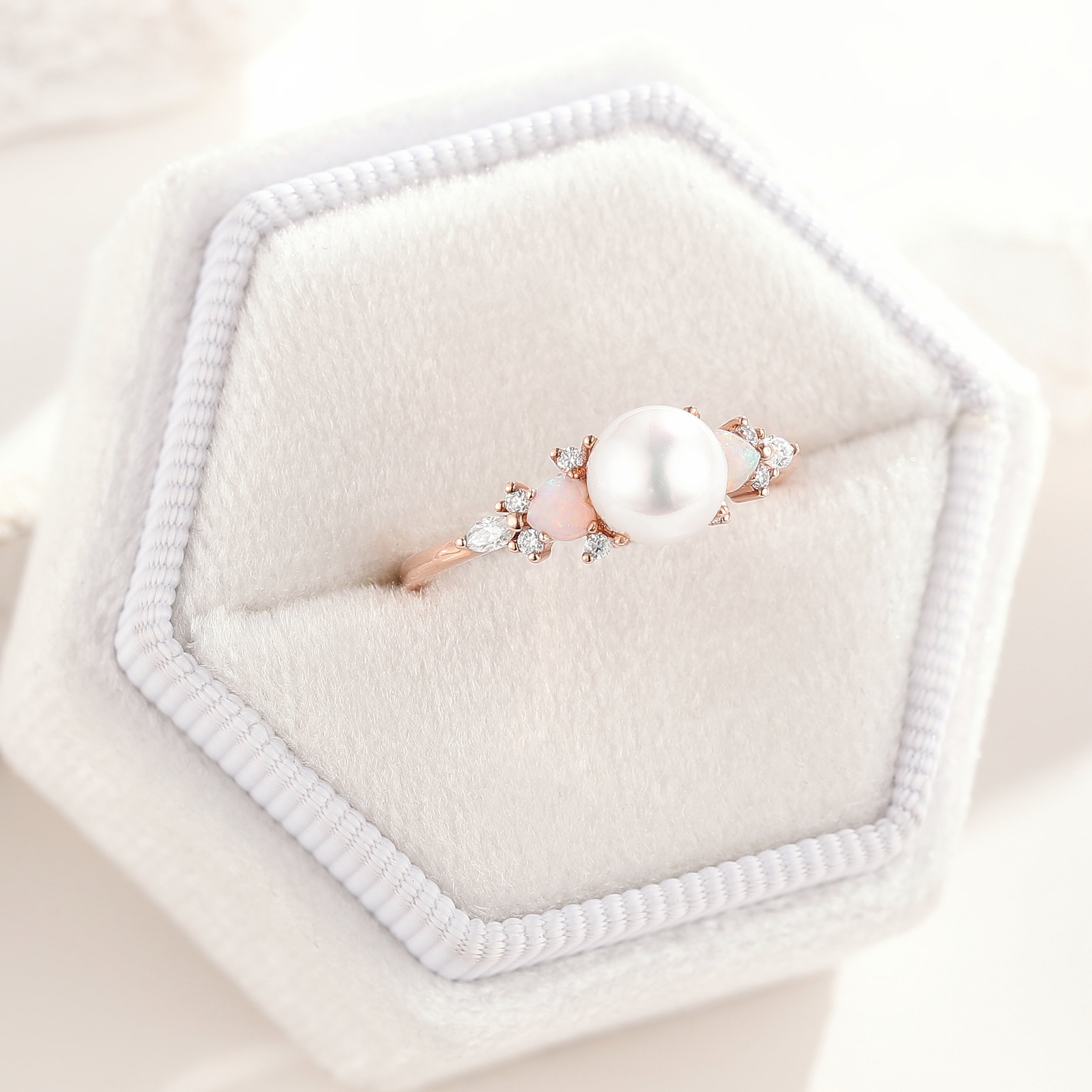 Akoya Pearl Engagement Ring Heart Shaped Opal Moissanite Cluster In A White Ring Box