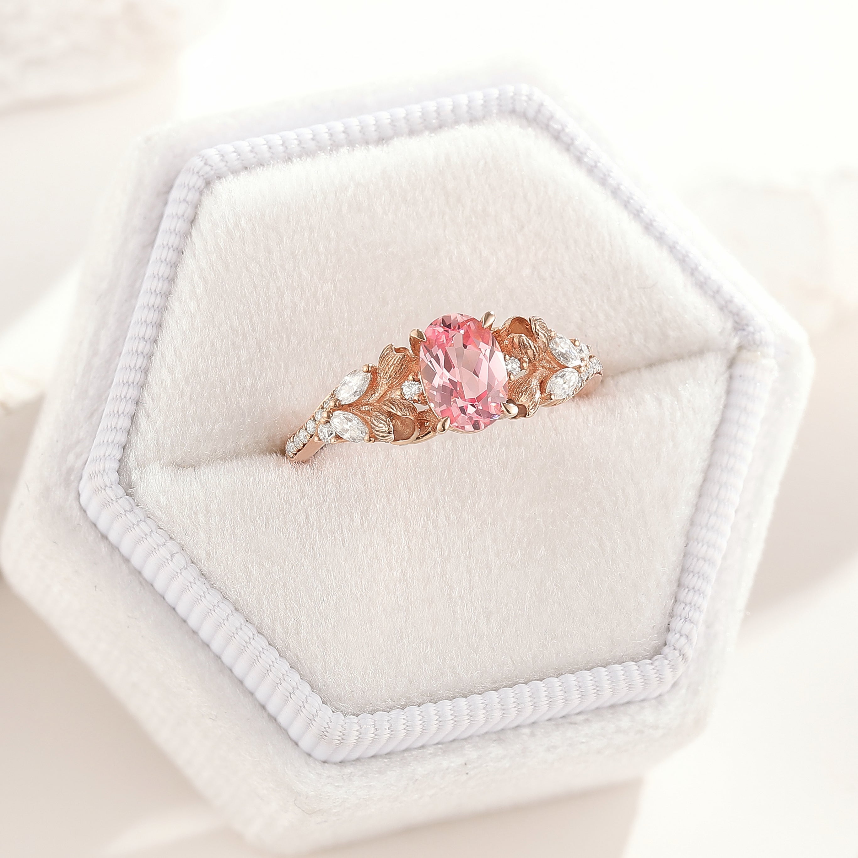 Nature Inspired Oval Cut Ring Pink Sapphire Floral Engagement Rings In a white ring box