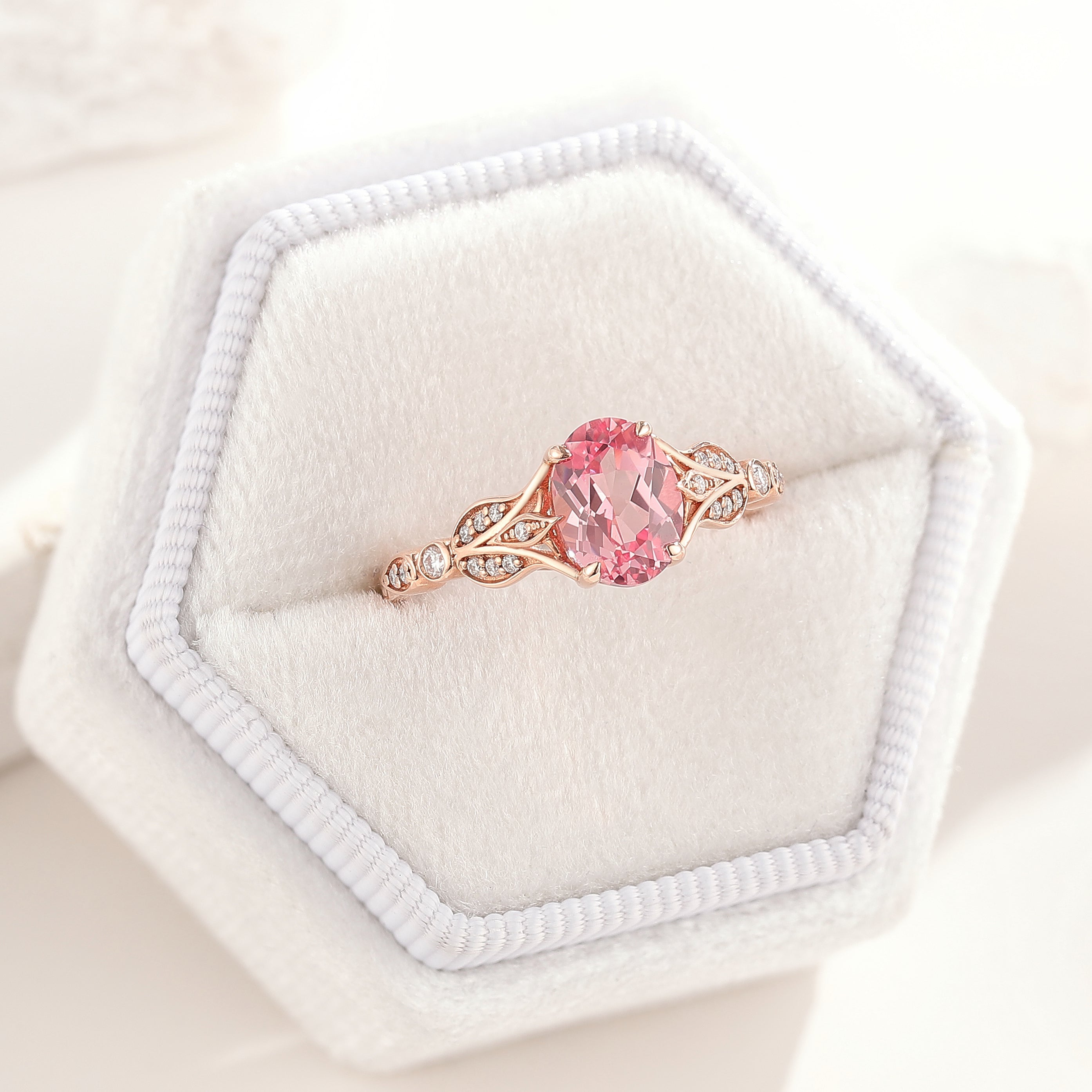 Nature Inspired Flora Engagement Ring Oval Cut Pink Sapphire Ring in a white ring box