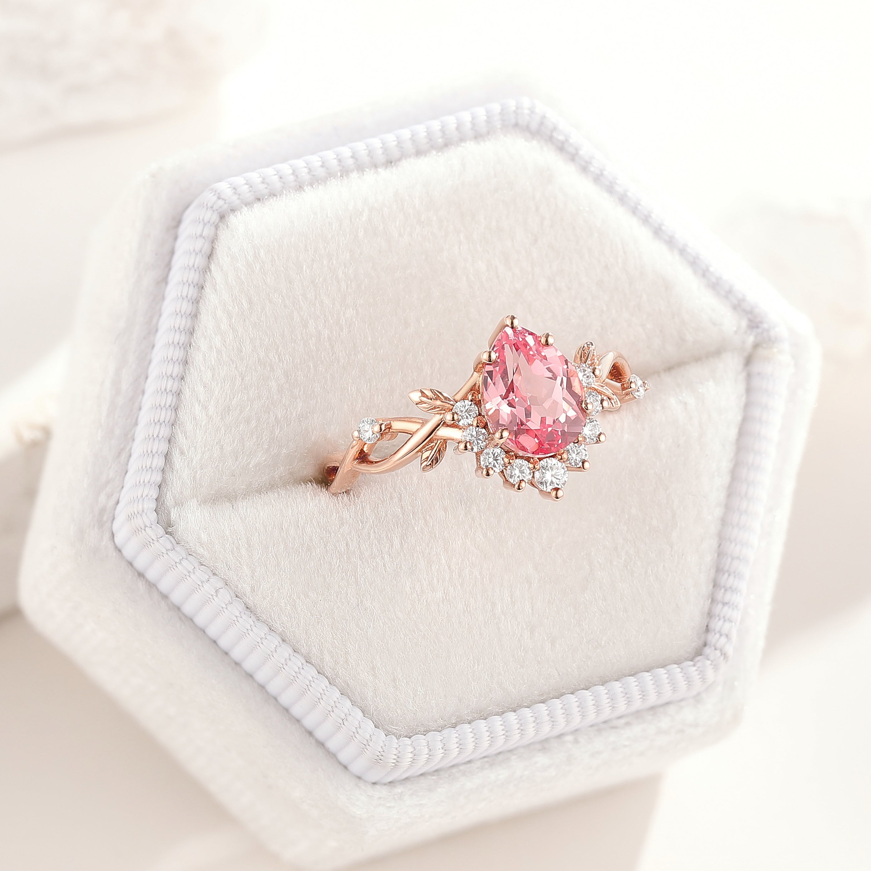 Nature Inspired Leaf Ring Pear Cut Pink Sapphire Engagement Ring In a White Ring Box